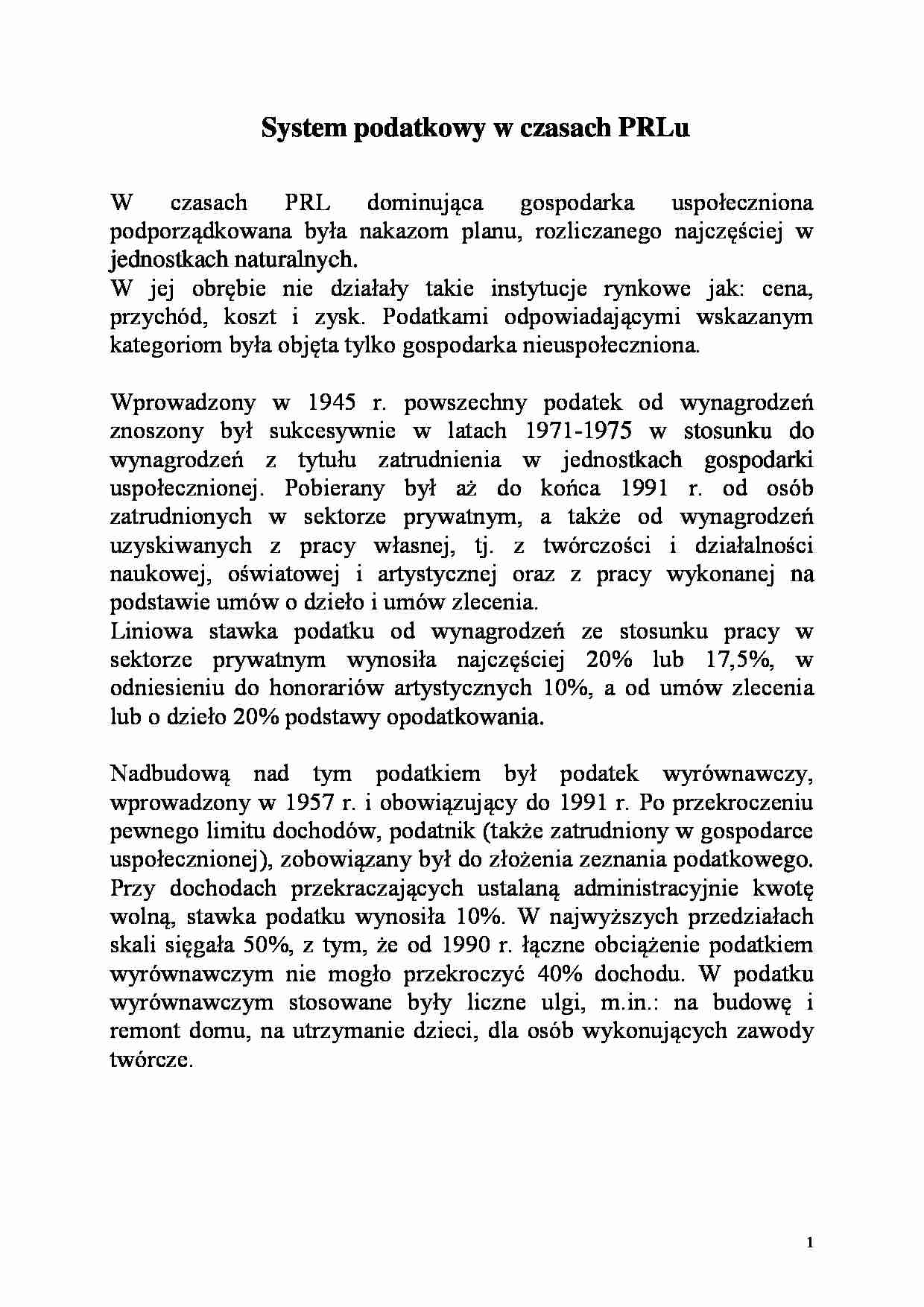 System podatkowy w czasach PRLu- opracowanie - strona 1