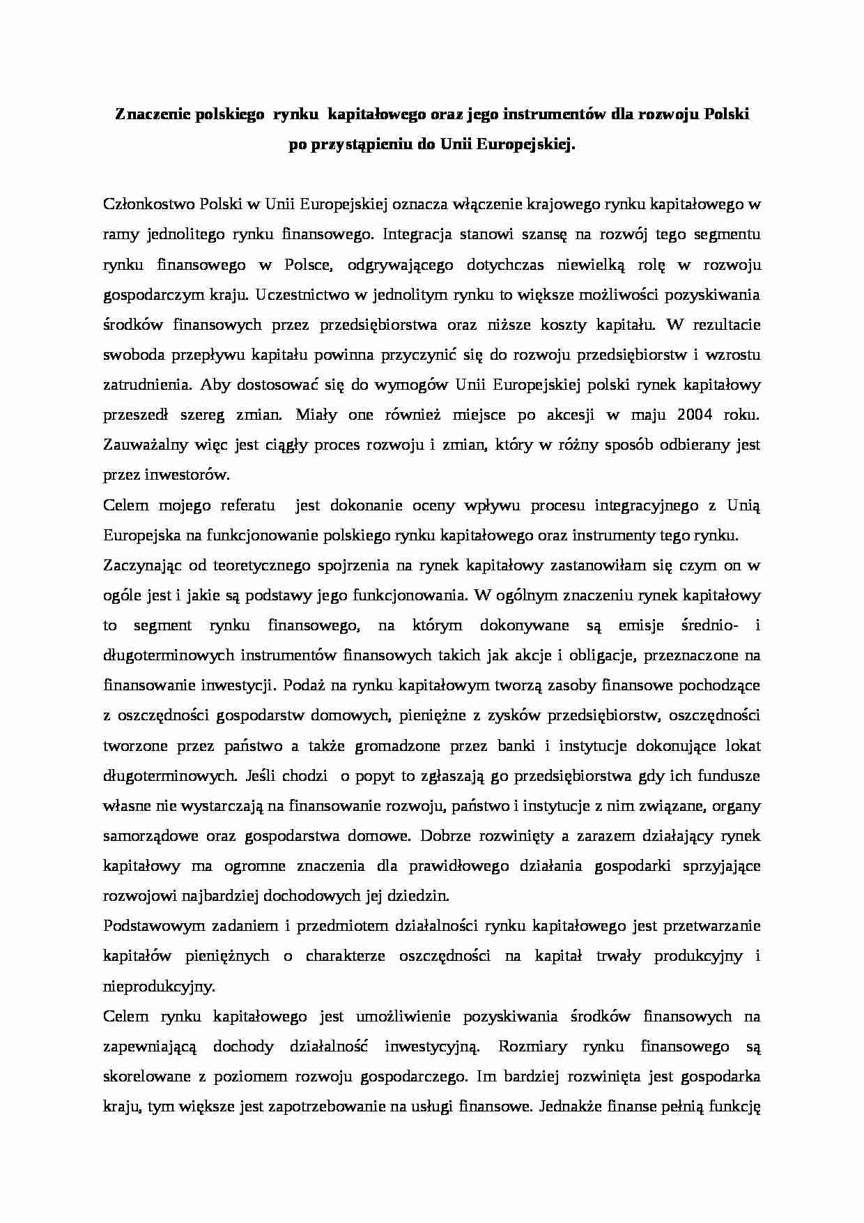 Znaczenie polskiego  rynku  kapitałowego oraz jego instrumentów dla rozwoju Polski  po przystąpieniu do Unii Europejskiej.- praca  zaliczeniowa, MWSE - strona 1
