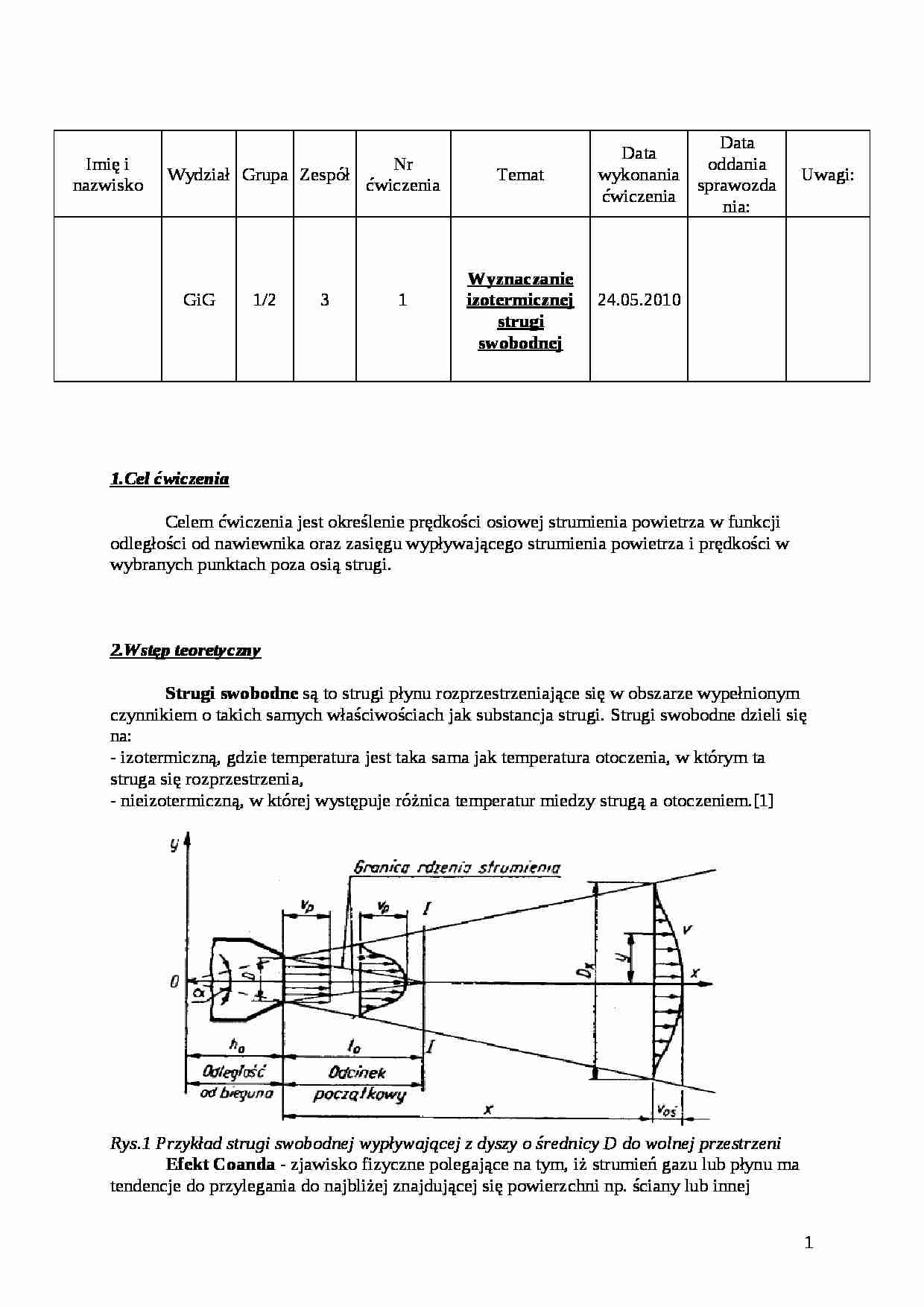 Wyznaczanie izotermicznej strugi swobodnej - sprawozdanie - strona 1