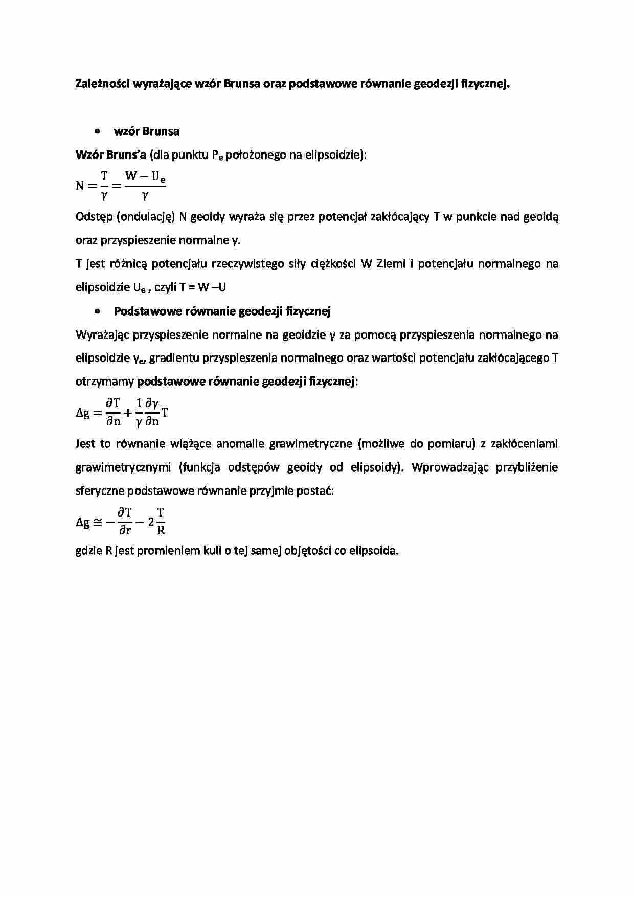 Zależności wyrażające wzór Brunsa oraz podstawowe równanie geodezji fizycznej - strona 1