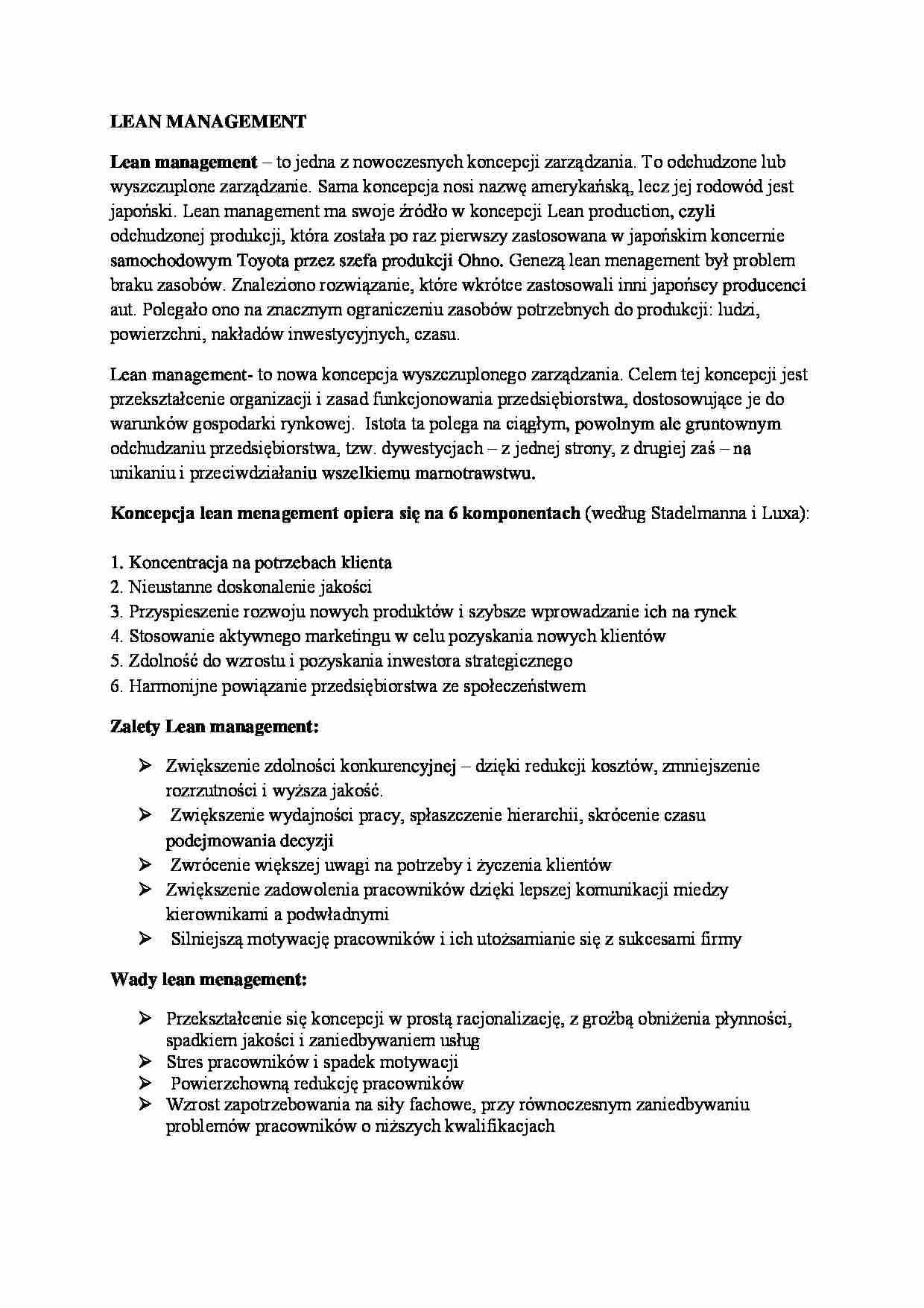 Koncepcje zarządzania - Lean management- wykłady MWSE - strona 1
