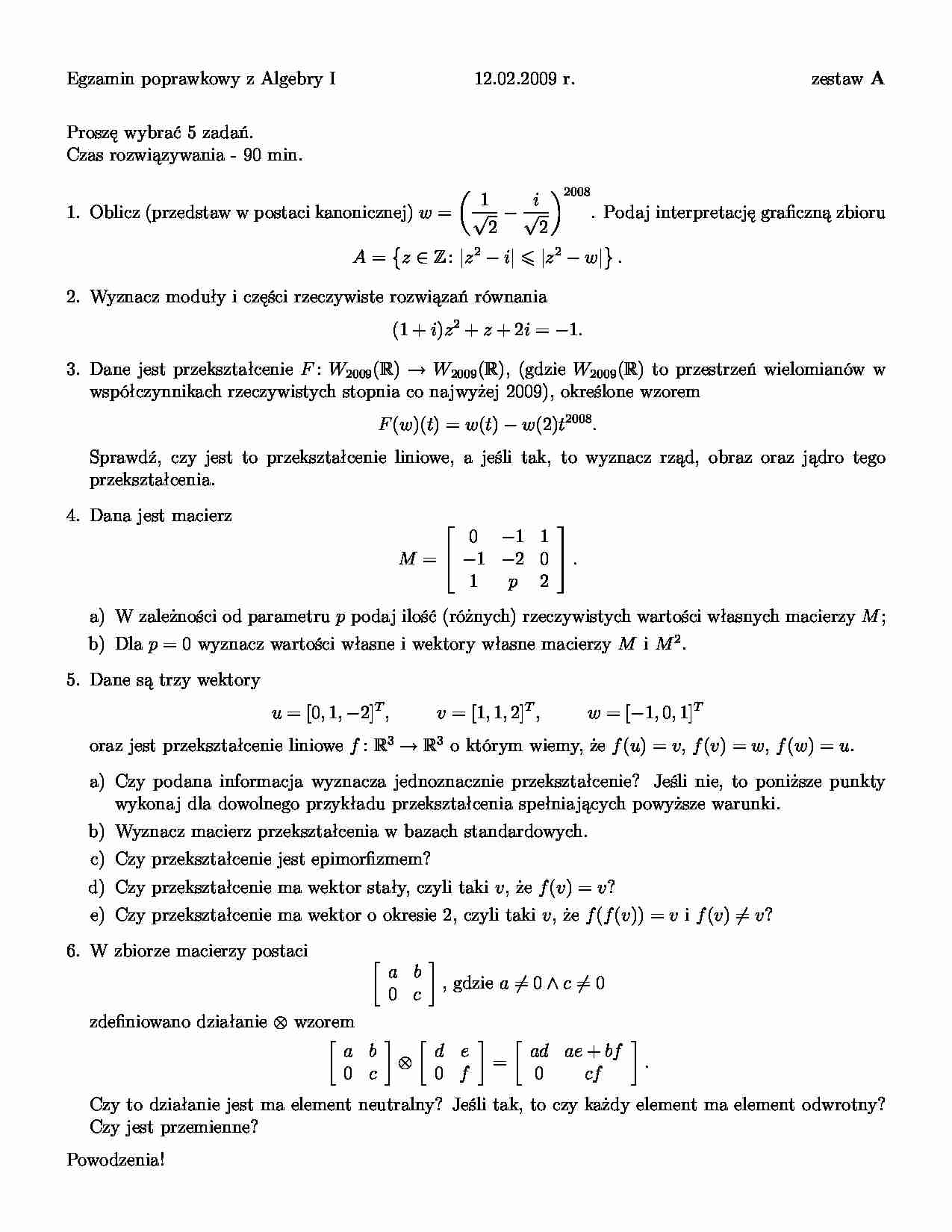 Egzamin z algebry - strona 1