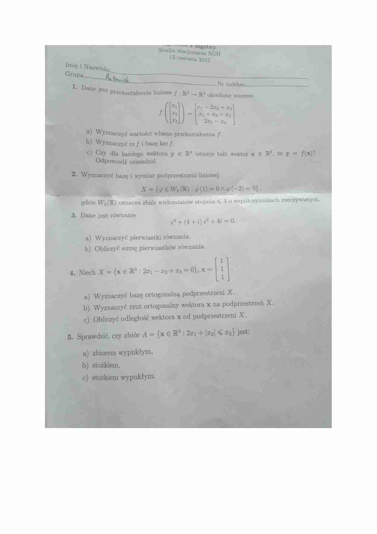 Egzamin - algebra - strona 1