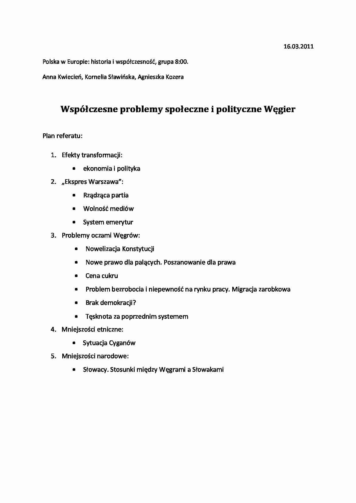 Współczesne problemy społeczne i polityczne Węgier-opracowanie - strona 1