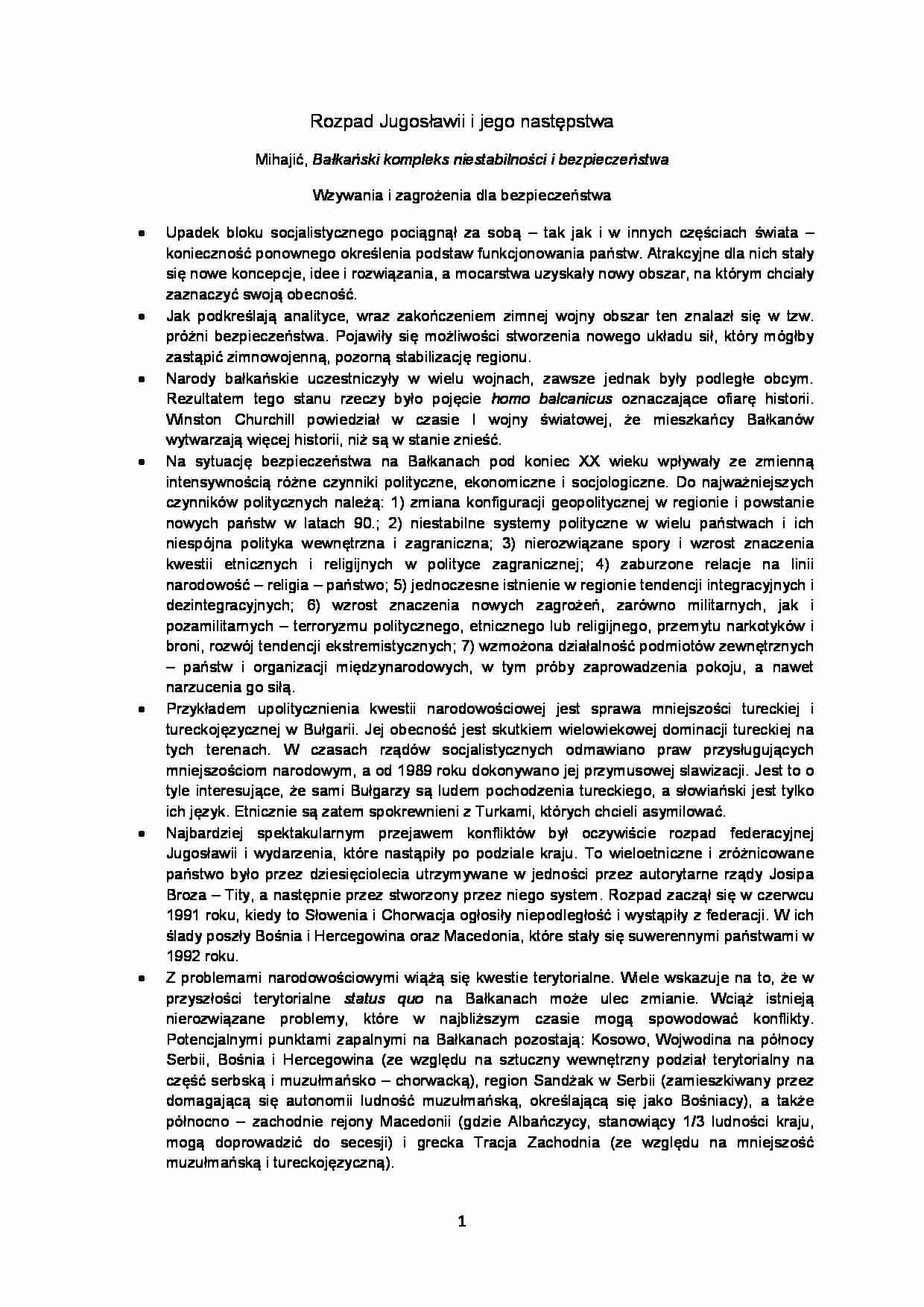 Rozpad Jugosławii i jego następstwa-opracowanie - strona 1