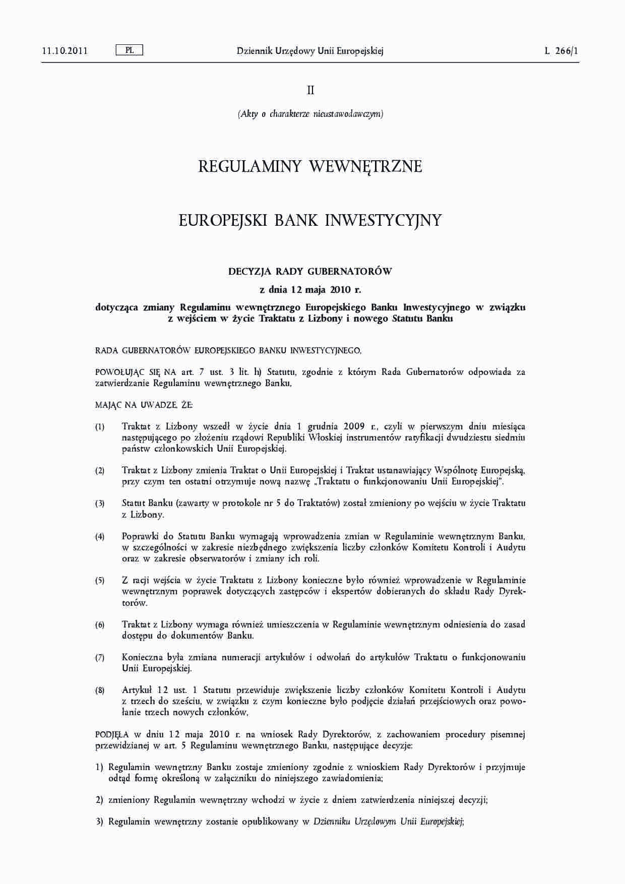 Regulamin Europejskiego Banku Inwestycyjnego - 12 maja 2010 - strona 1