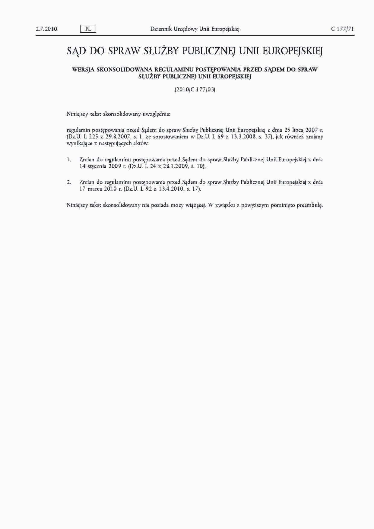 Regulamin Służby Publicznej Unii Europejskiej - 2 lipca 2010 - strona 1