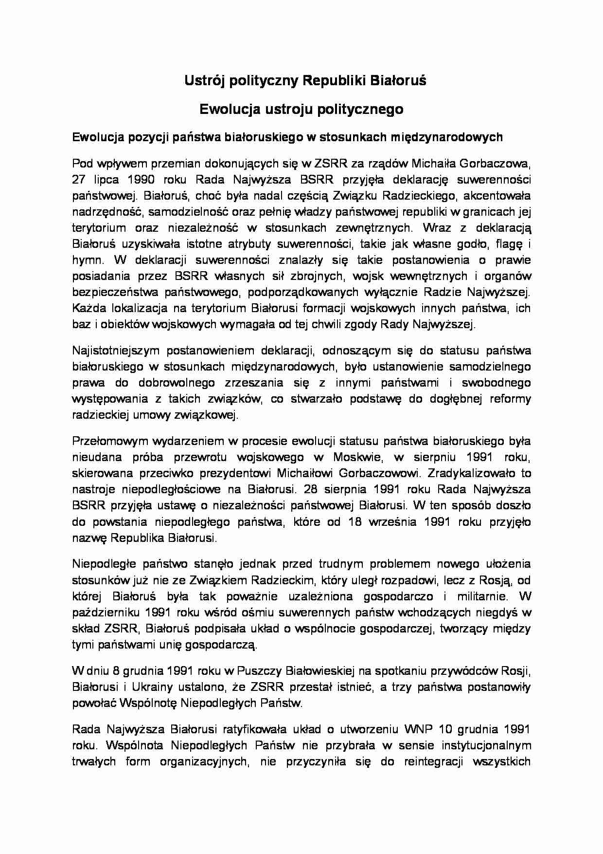 Ustrój polityczny Republiki Białoruś-opracowanie - strona 1