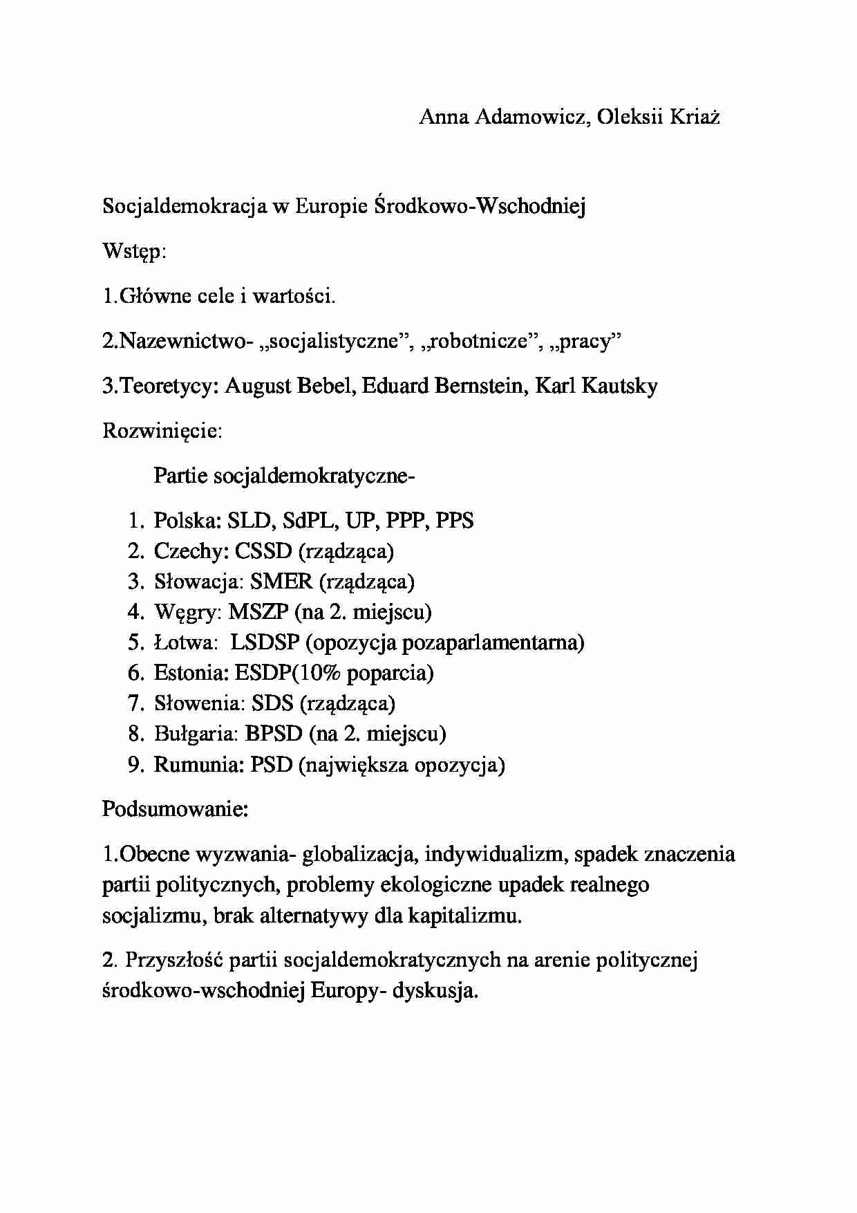 Socjaldemokracja w Europie Środkowo-Wschodniej-opracowanie - strona 1