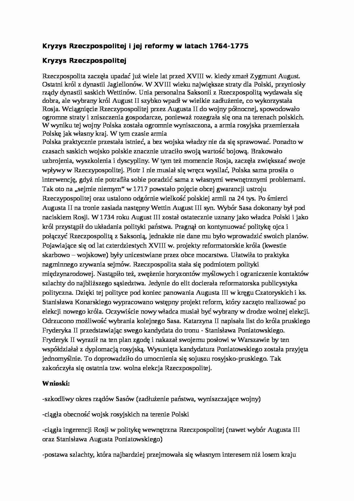 Kryzys Rzeczpospolitej i jej reformy w latach 1764-75-opracowanie - strona 1