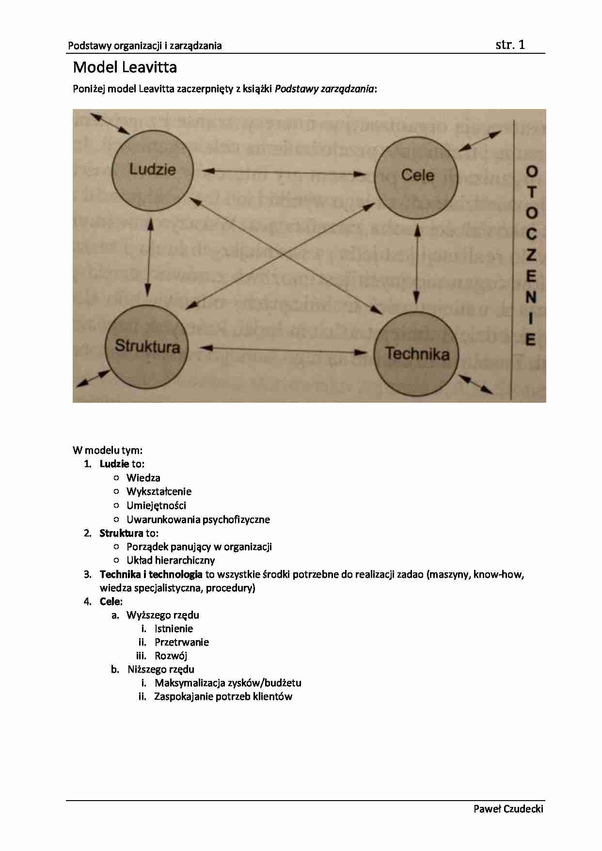 Podstawy organizacji i zarządzania -  Model Leavitta WYKŁAD - strona 1