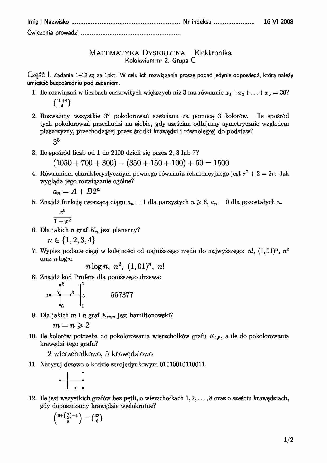 Matematyka dyskretna, elektronika - kolokwium - strona 1