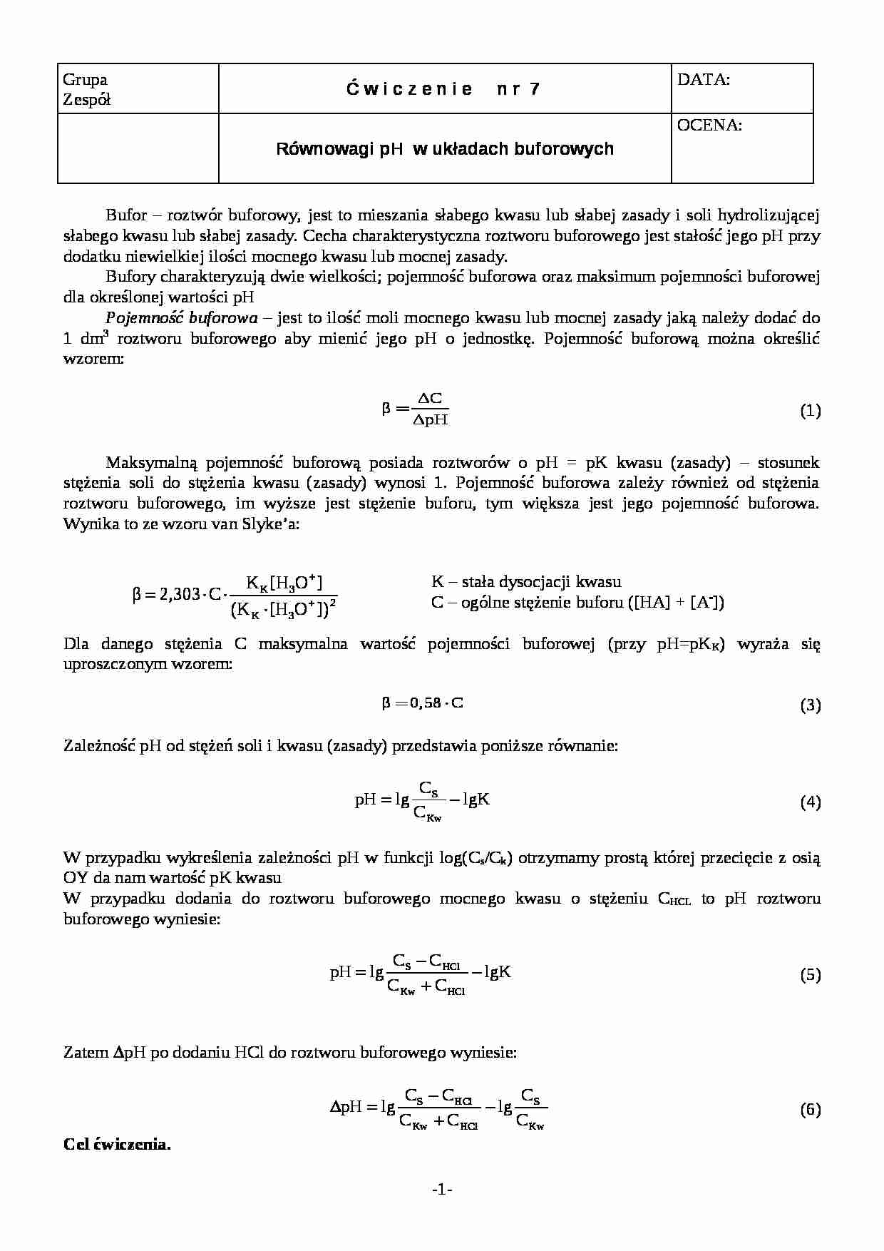Równowagi pH w roztworach buforowych-opracowanie - strona 1