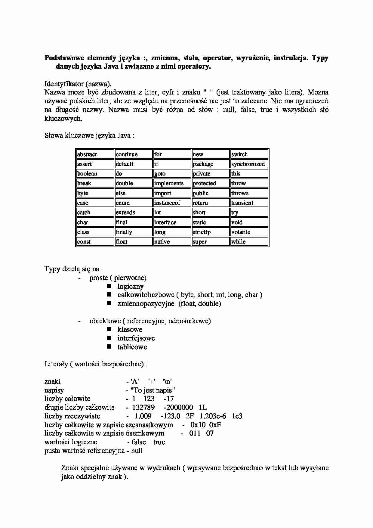 Podstawowe elementy języka java-opracowanie - strona 1