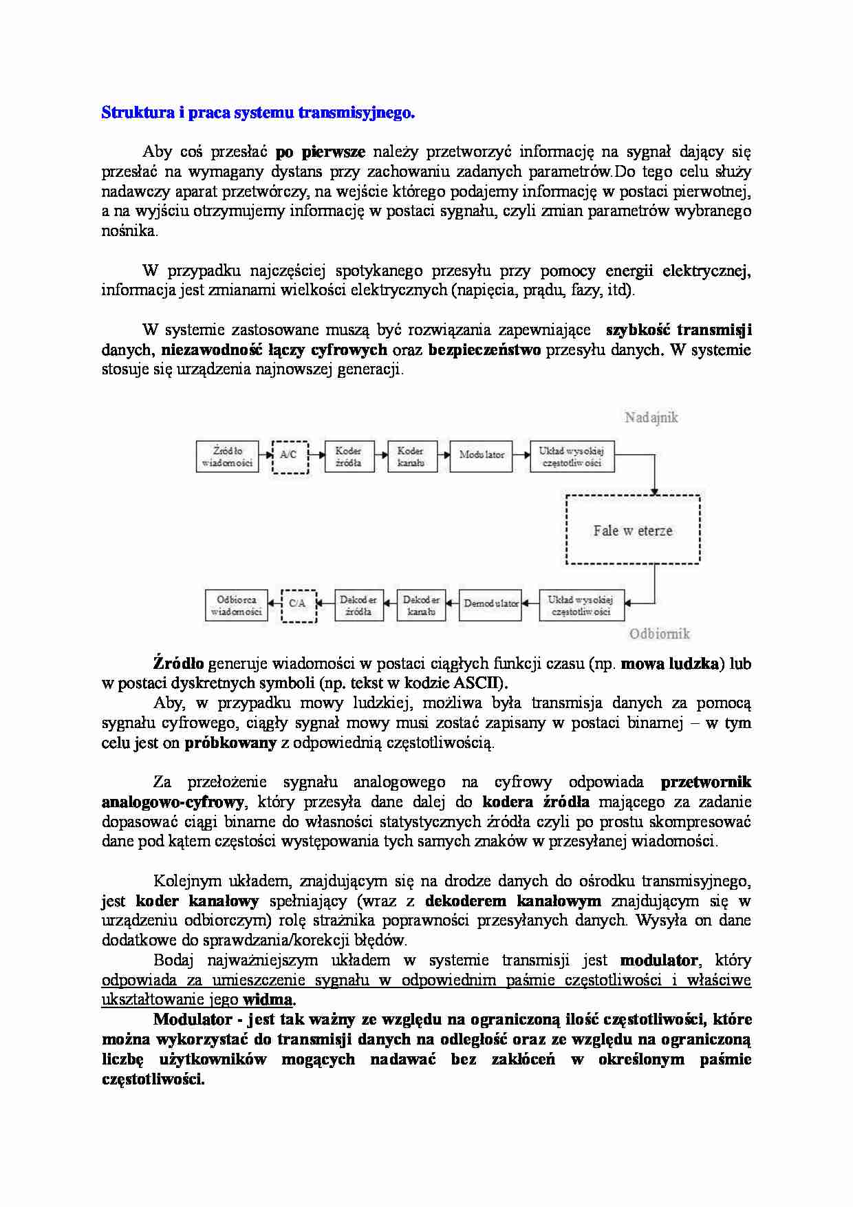 Struktura i praca systemu transmisyjnego-opracowanie - strona 1