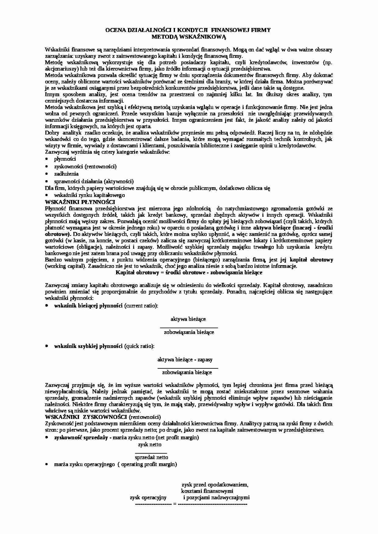 Ocena działalności i kondycji finansowej firmy metodą wskaźnikową-opracowanie - strona 1
