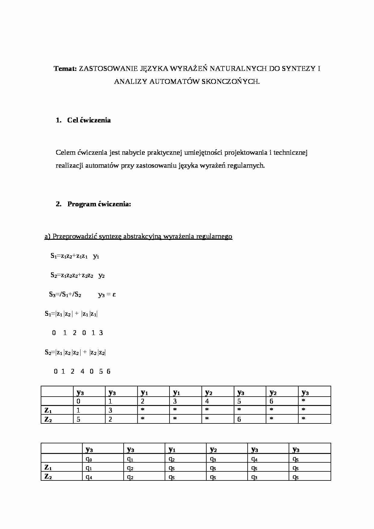 Zastosowanie języka wyrażeń naturalnych do syntezy i analizy automatów skończonych-opracowanie - strona 1