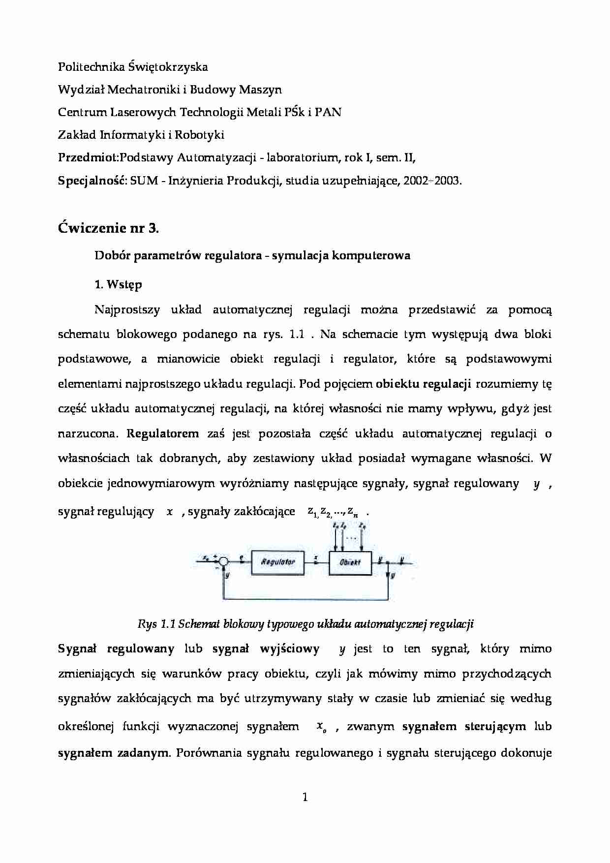 Dobór parametrów regulatora - symulacja komputerowa-sprawozdanie z laboratorium - strona 1
