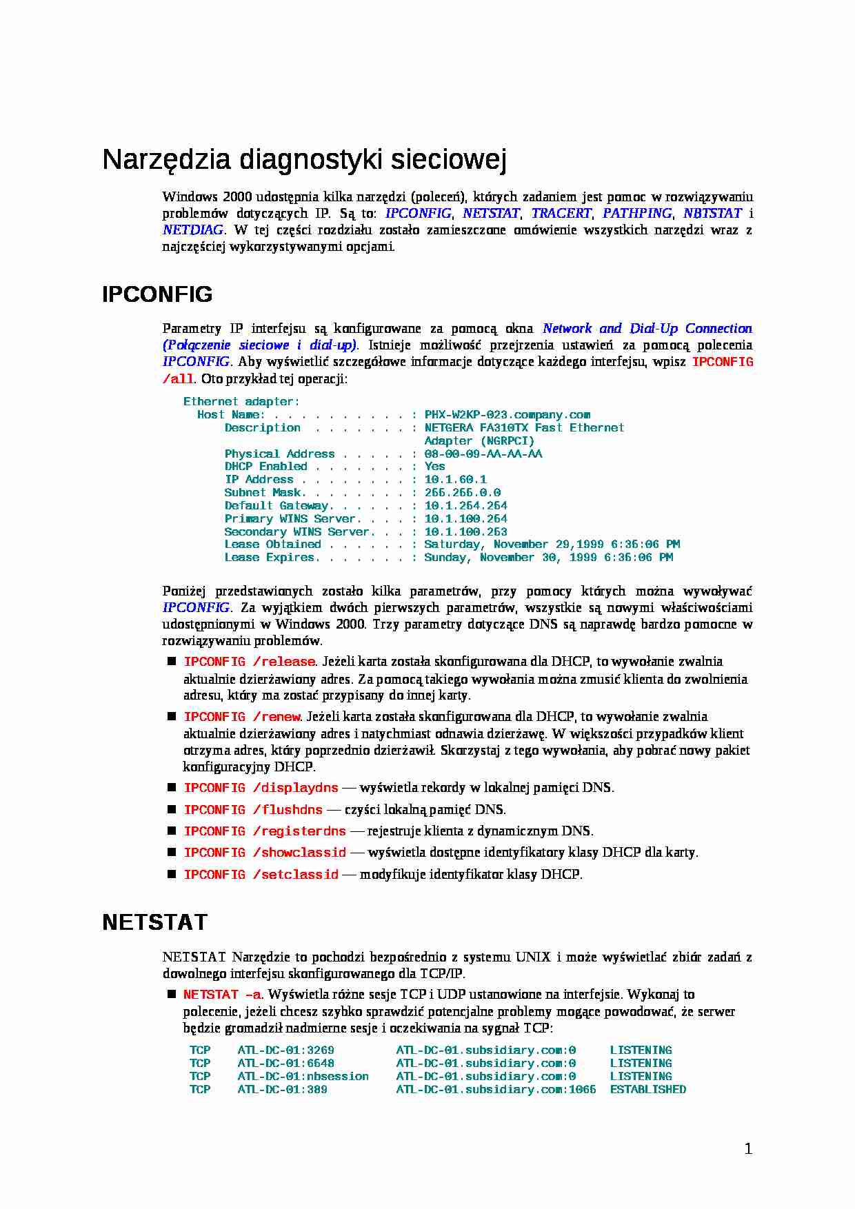 Narzędzia diagnotyki sieciowej-opracowanie - strona 1