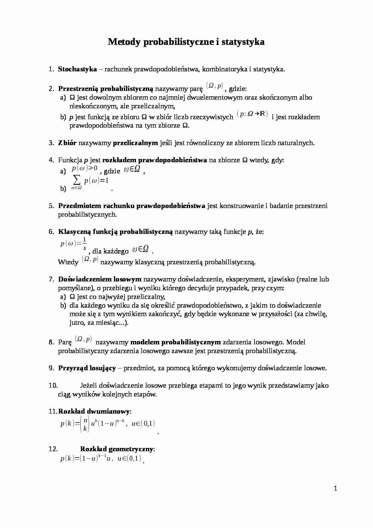 Metody probabilistyczne i statystyka-opracowanie - strona 1