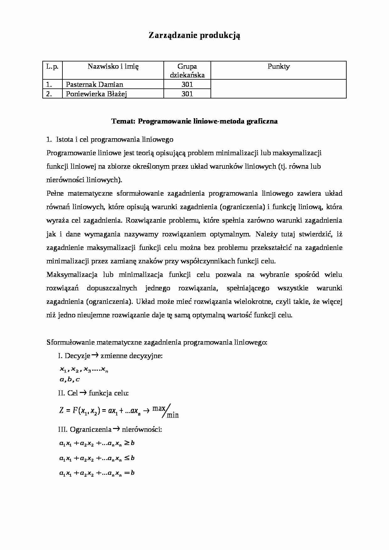 Programowanie liniowe produkcji-metoda graficzna-praca zaliczeniowa na ćwiczenia - strona 1