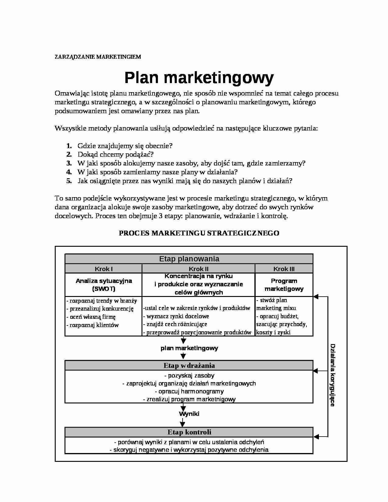 Istota planu marketingowego- opracowanie - strona 1