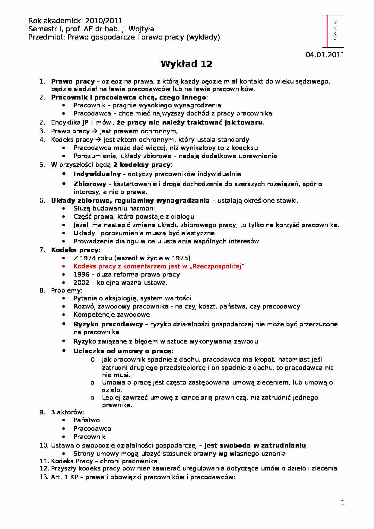 Kodeks pracy- wykład 12 - strona 1