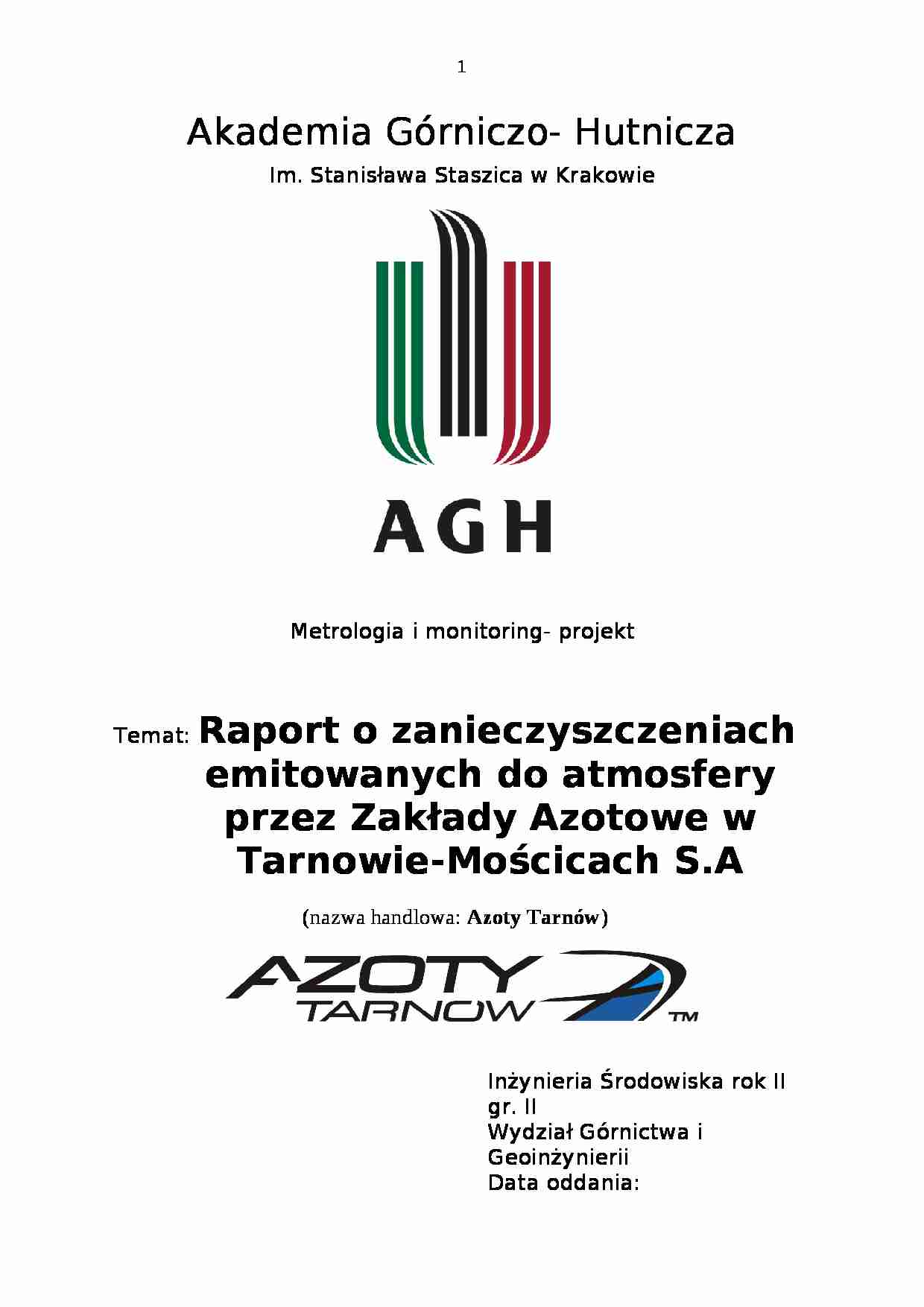 Raport o zanieczyszczeniach emitowanych do atmosfery przez Zakłady Azotowe w Tarnowie-Mościcach S.A - strona 1