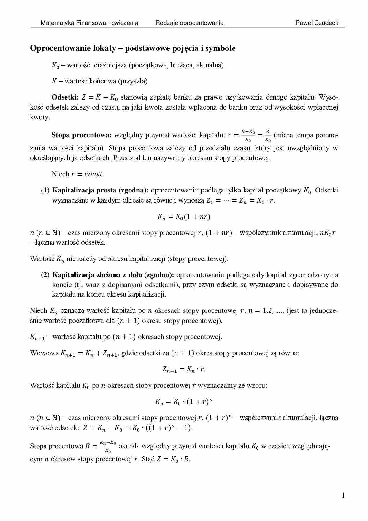 Matematyka finansowa - oprocentowanie lokat ĆWICZENIA - strona 1
