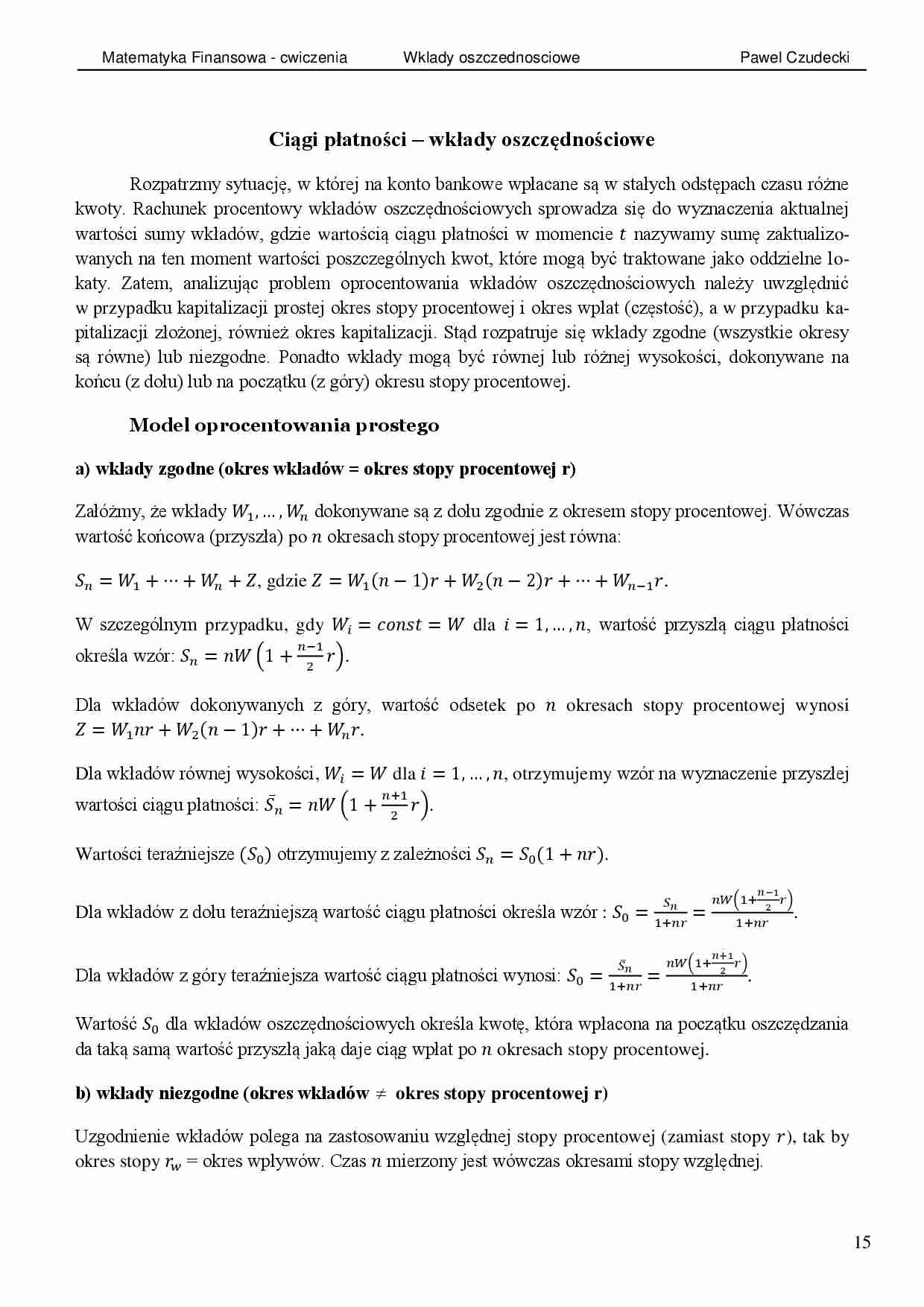 Matematyka finansowa - wkłady oszczędnościowe ĆWICZENIA - strona 1