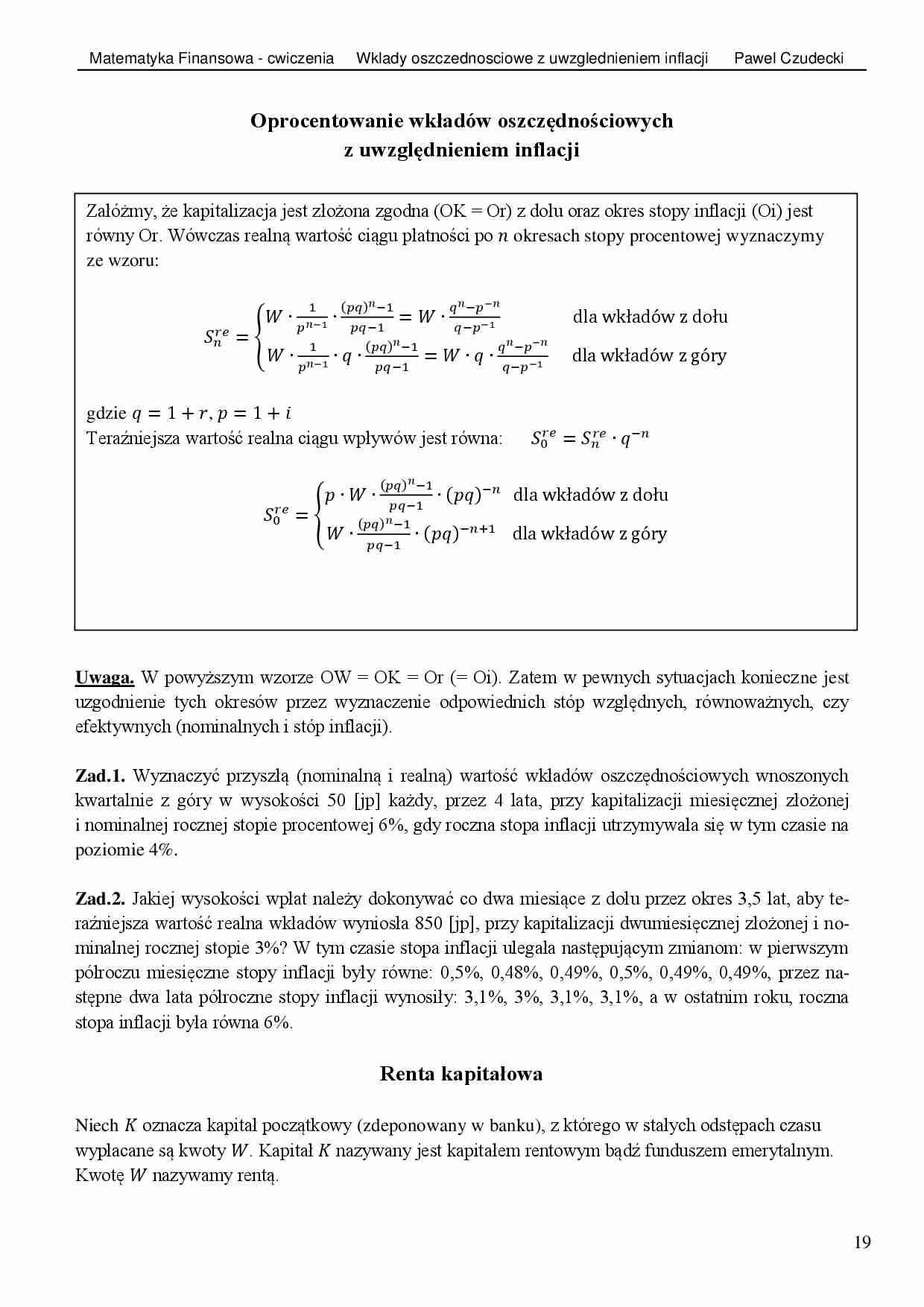 Matematyka finansowa - wkłady oszczędnościowe z uwzględnieniem inflacji ĆWICZENIA - strona 1
