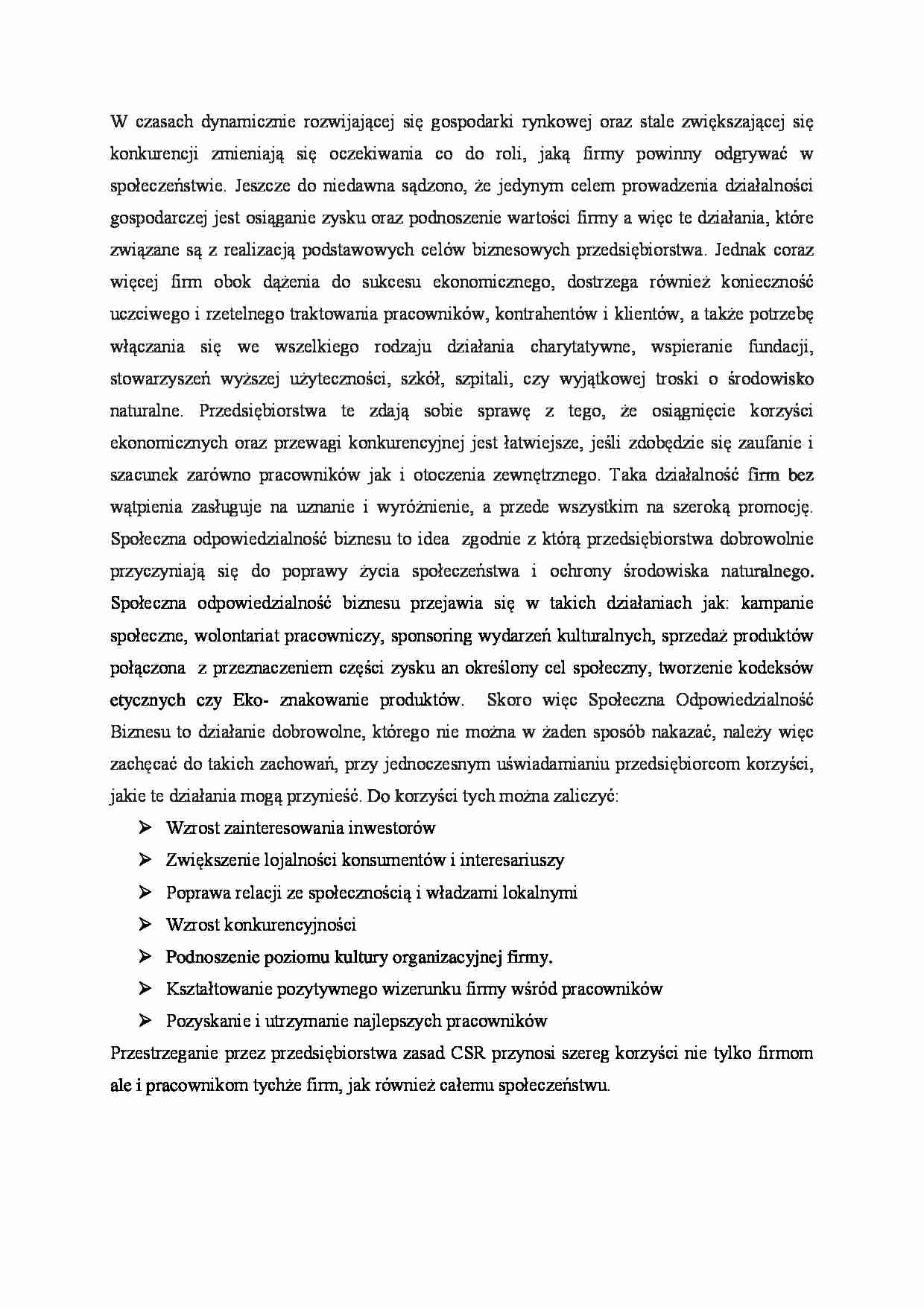Strategia CSR firmy śNIEŻKA - praca zaliczeniowa, MWSe - strona 1