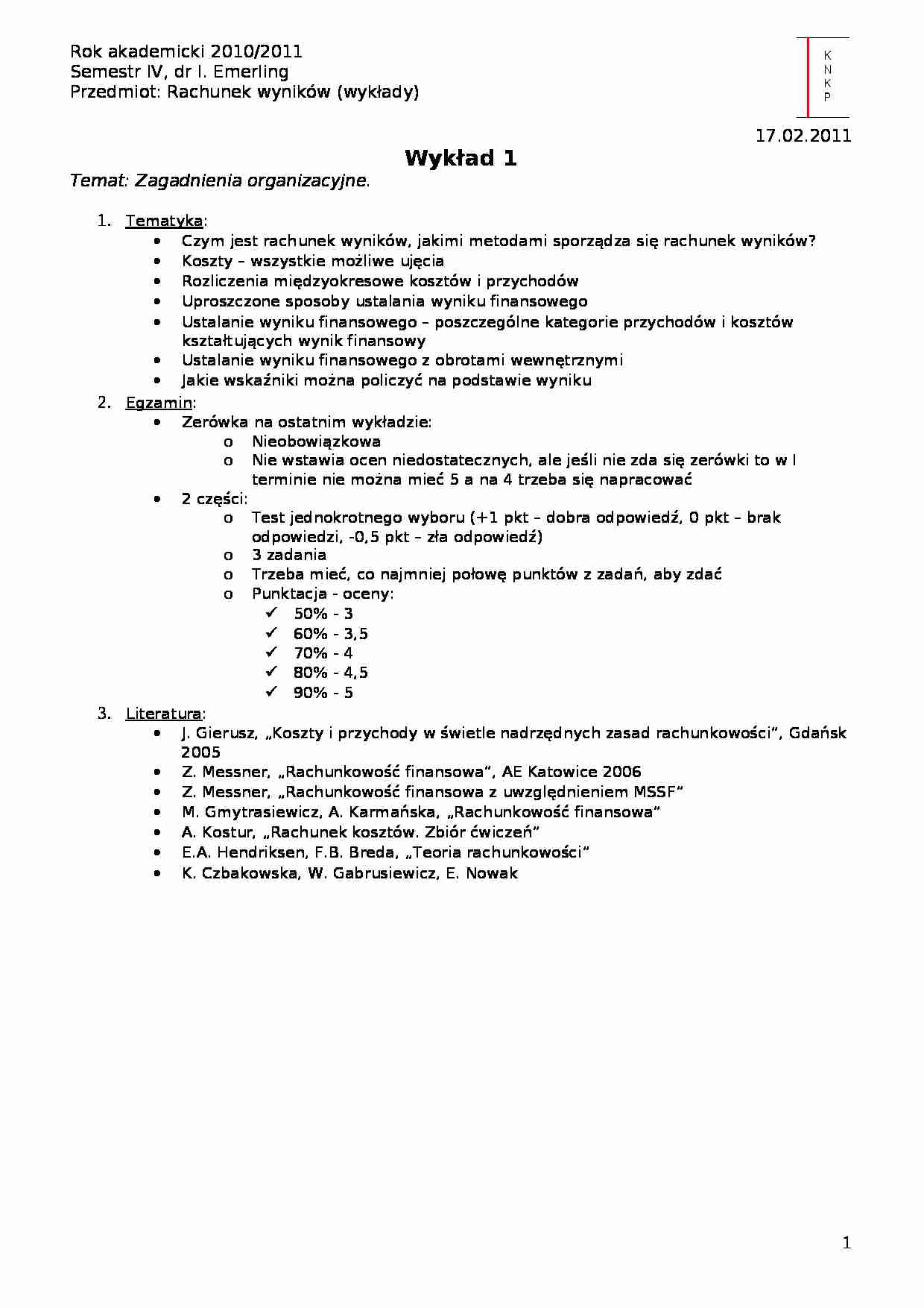 Zagadnienia organizacyjne- wykład 1 - strona 1