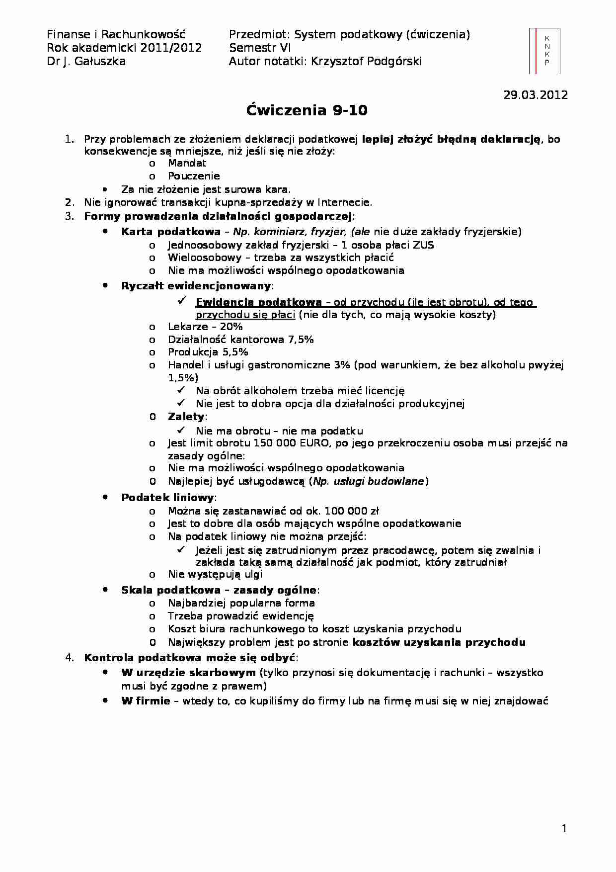 Formy prowadzenia działalności gospodarczej- ćwiczenia 9-10 - strona 1