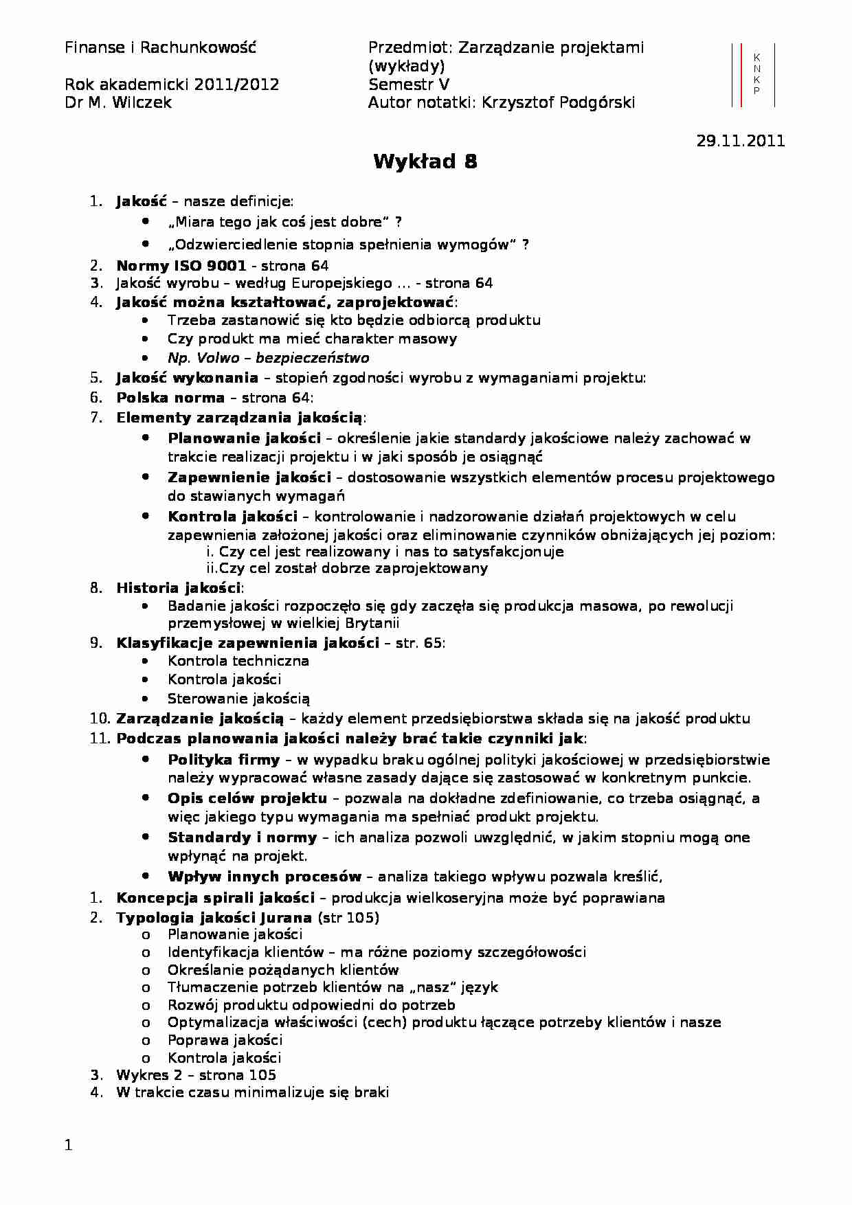 Zarządzanie jakością- wykład 8 - strona 1