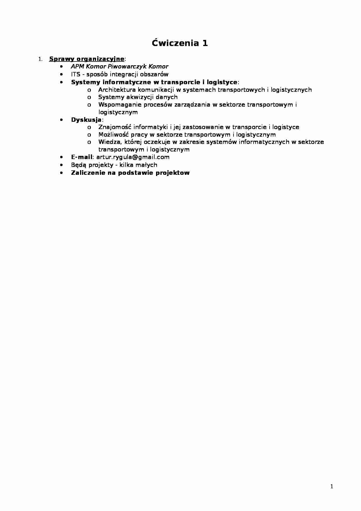 Ćwiczenia - Systemy informatyczne w transporcie i logistyce - ITS - strona 1