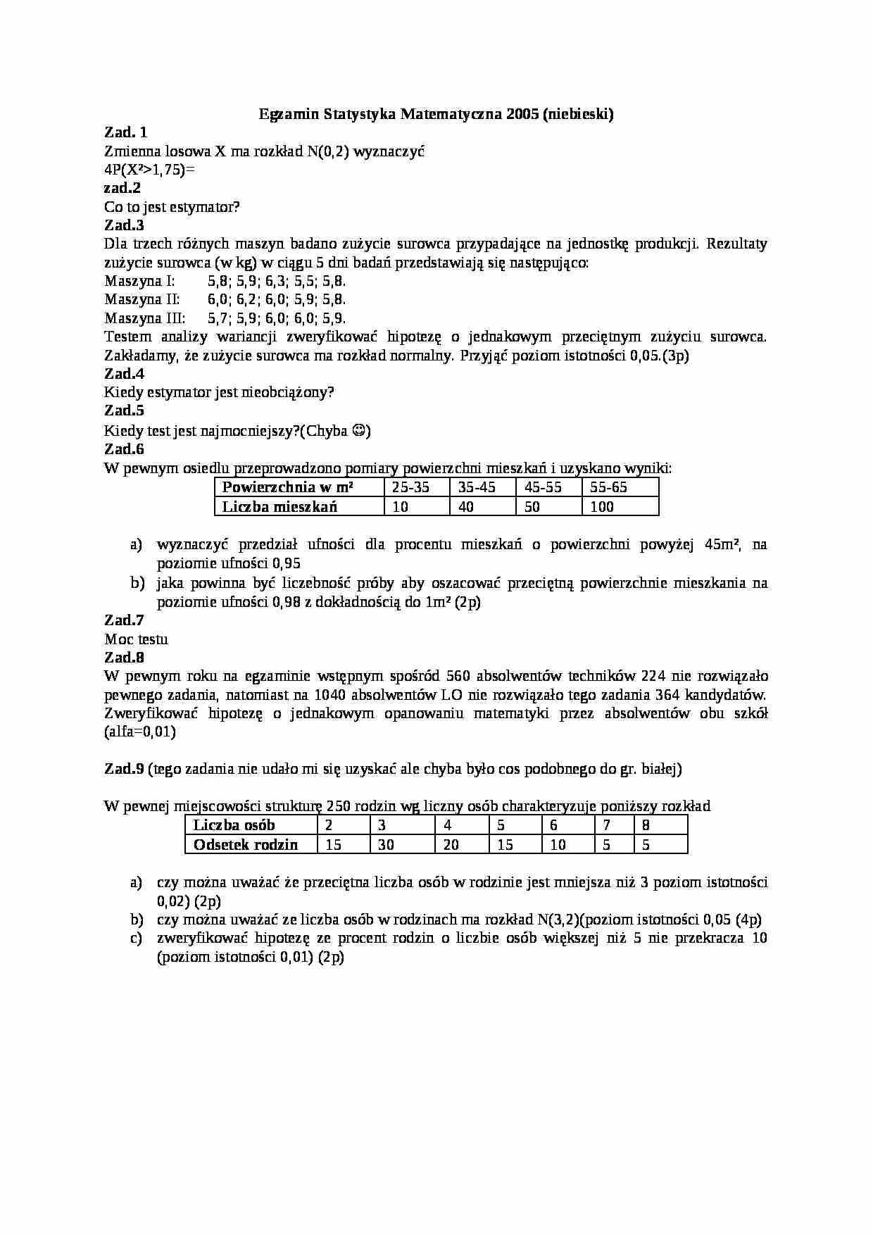 Egzamin- statystyka matematyczna 2005 - strona 1