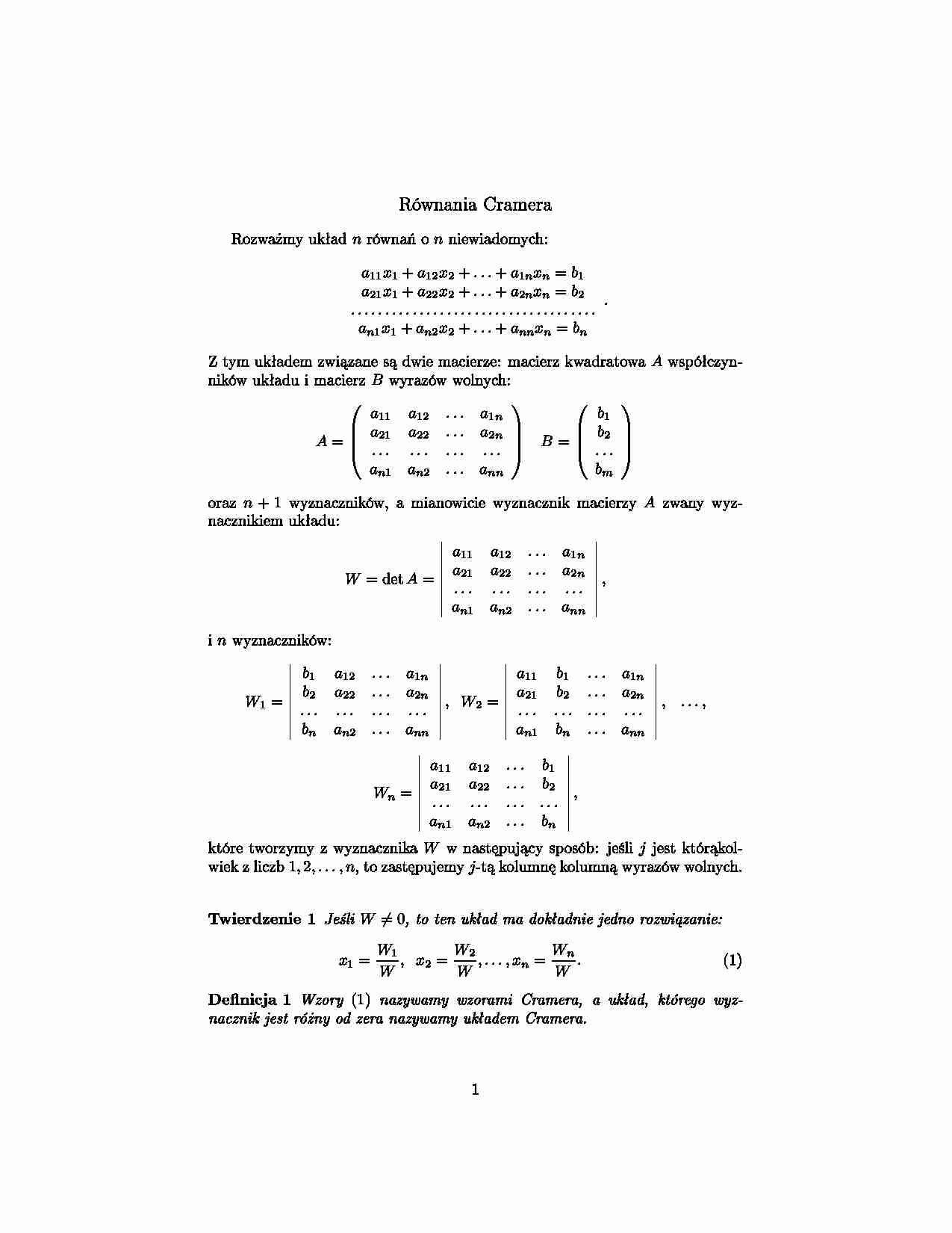 Równania Cramera- opracowanie - strona 1