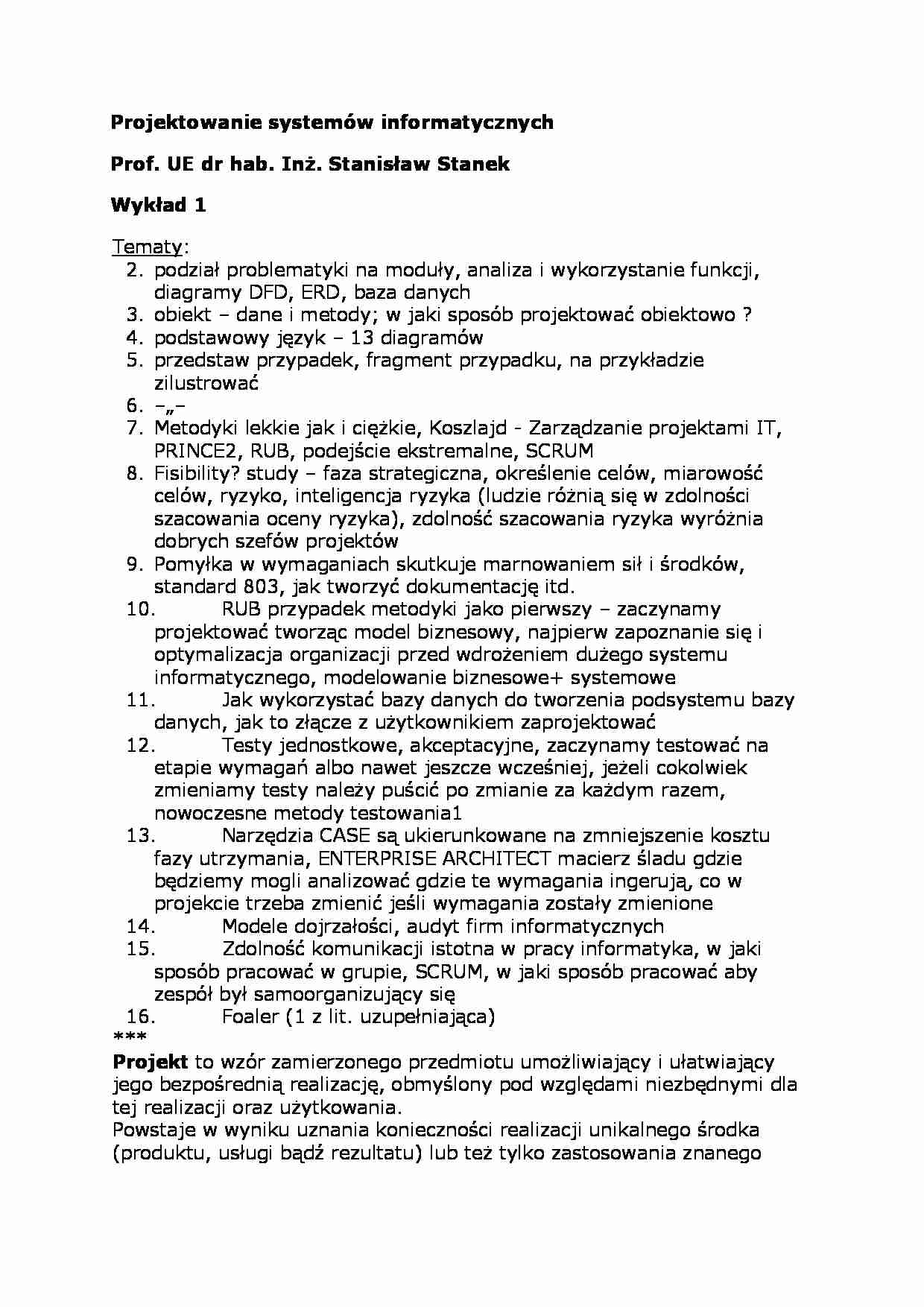 Wykład - Projektowanie systemów informatycznych - strona 1