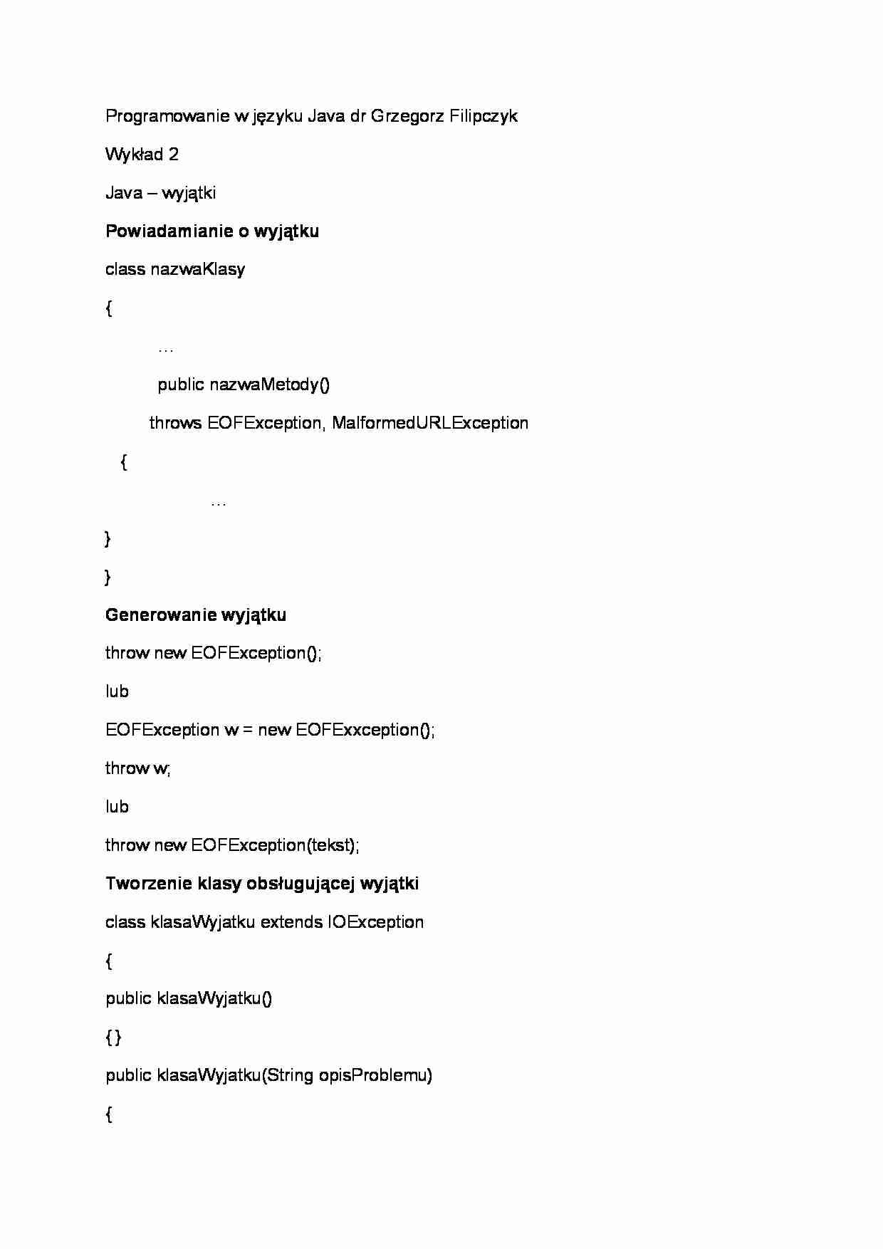 Wykład - Java - wyjątki, Powiadamianie o wyjątku - strona 1