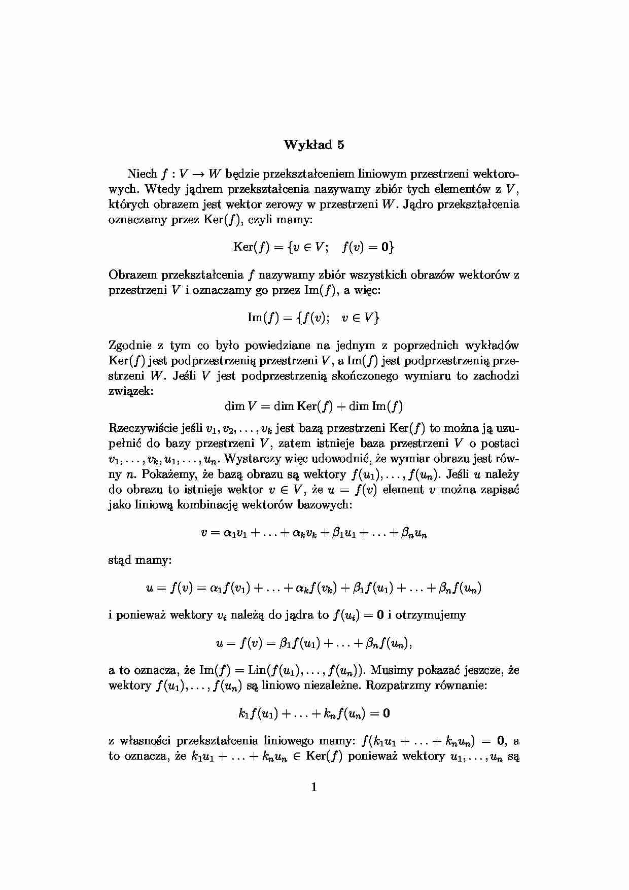 jądro i obraz przekształcenia liniowego - Wykład 5 - strona 1