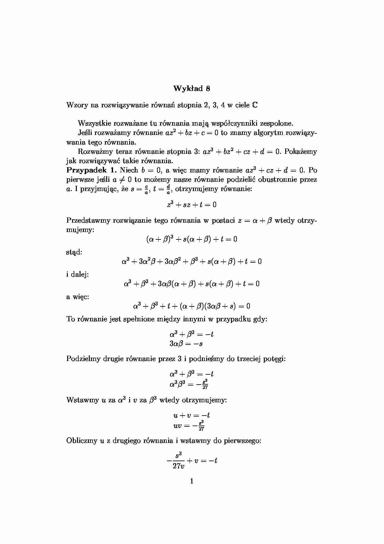 równania stopnia 2, 3 i 4 -  Wykład 8 - strona 1