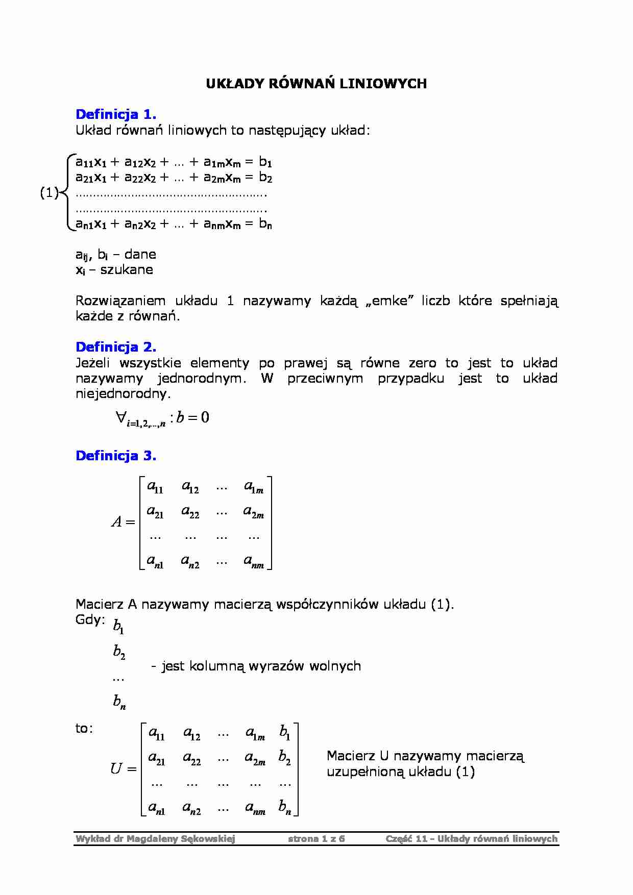 układy równań liniowych  - omówienie - strona 1
