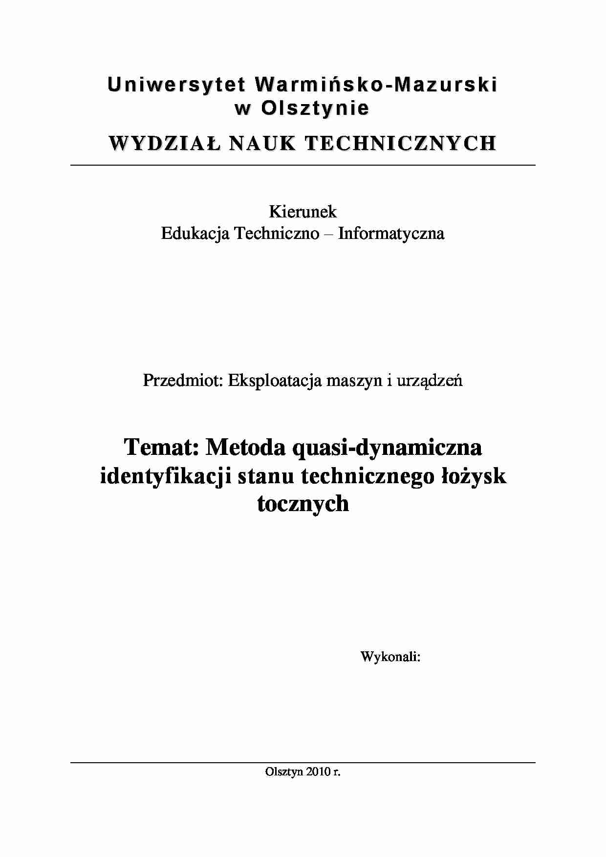 [LABORATORIA] Sprawozdanie z ćwiczenia Metoda quasi-dynamiczna identyfikacji stanu technicznego łożysk tocznych - strona 1