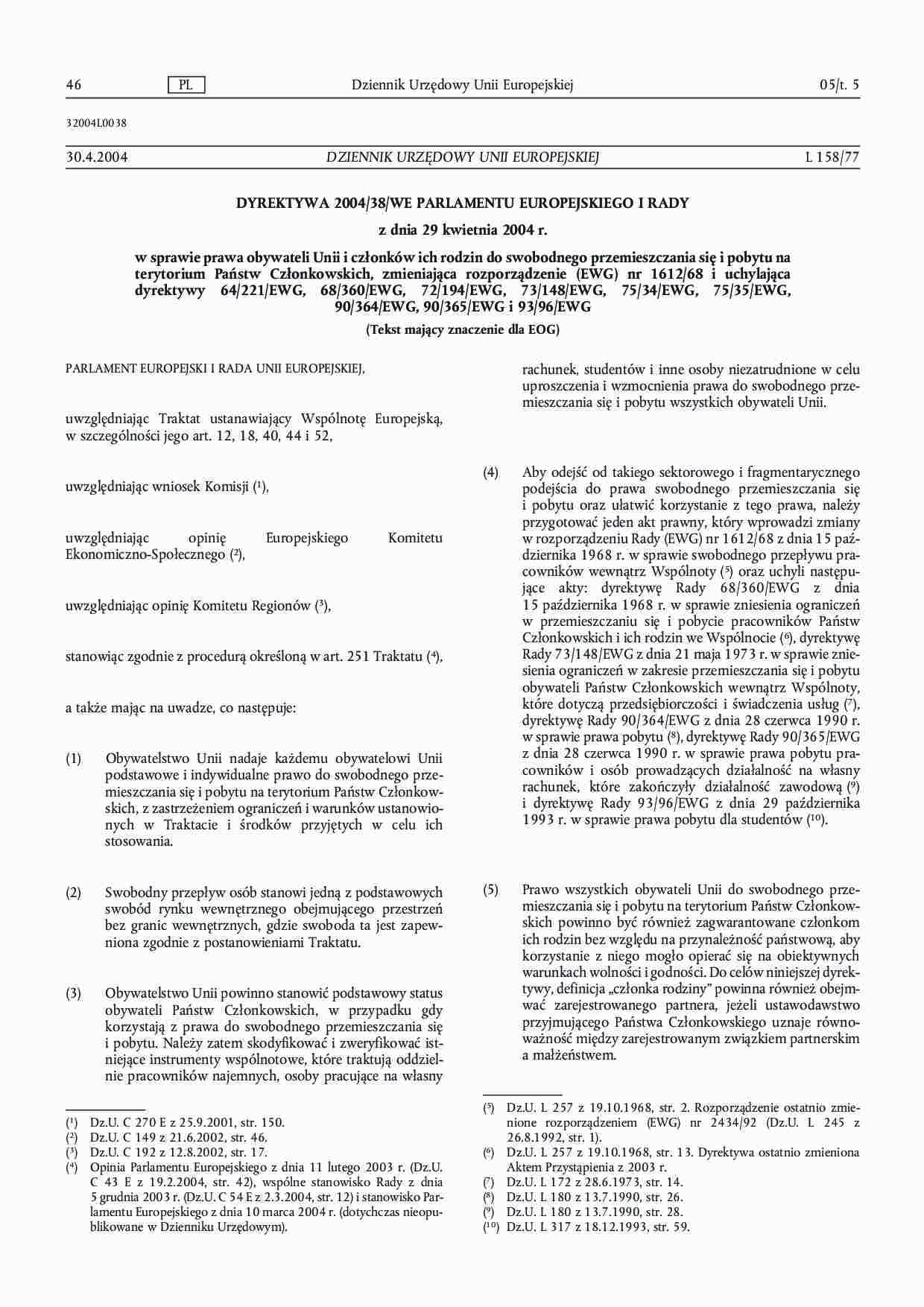 Dyrektywa 2004/38/WE Parlamentu Europejskiego i Rady - strona 1