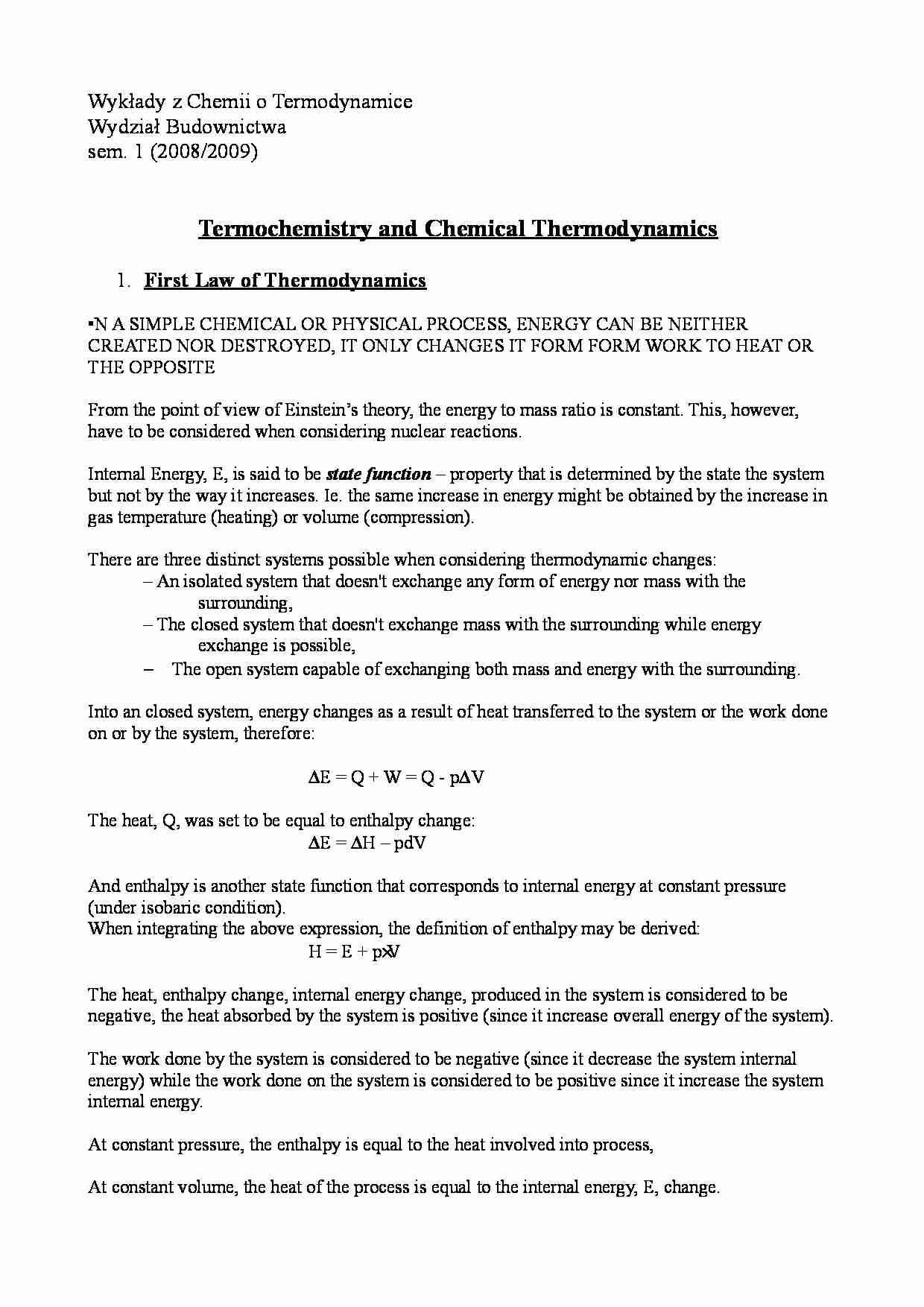 wykłady z chemii: termodynamika (wersja angielska) - strona 1