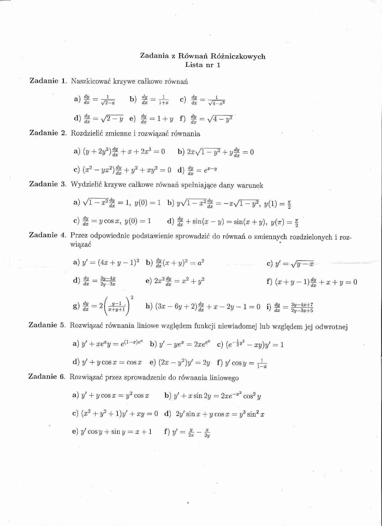równania różniczkowe - lista zadań na kolokwium - strona 1
