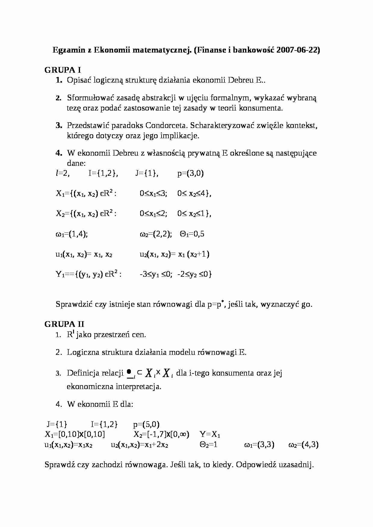 Egzamin z Ekonomii matematycznej - Finanse i bankowość - strona 1