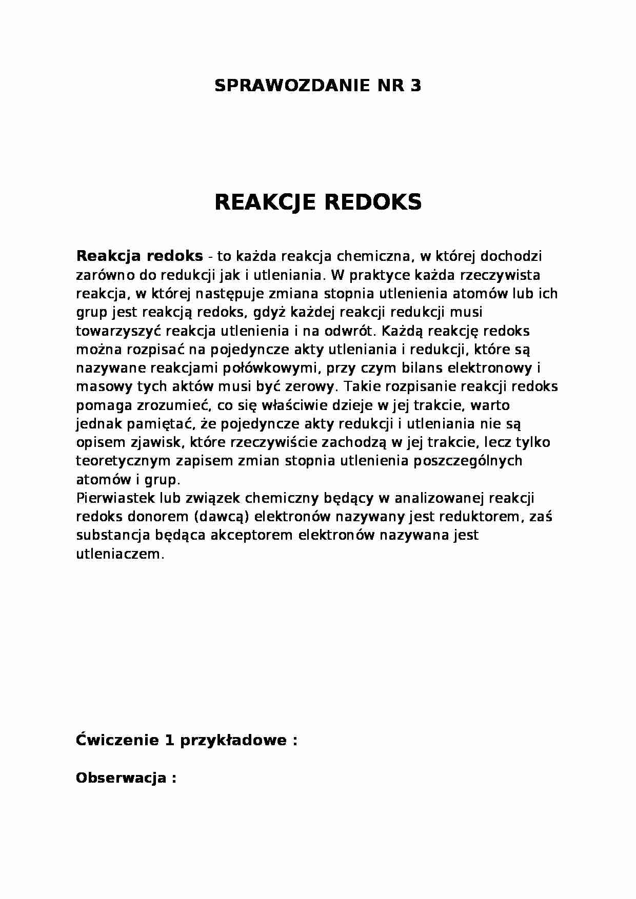 Sprawozdanie - reakcje redoks - strona 1