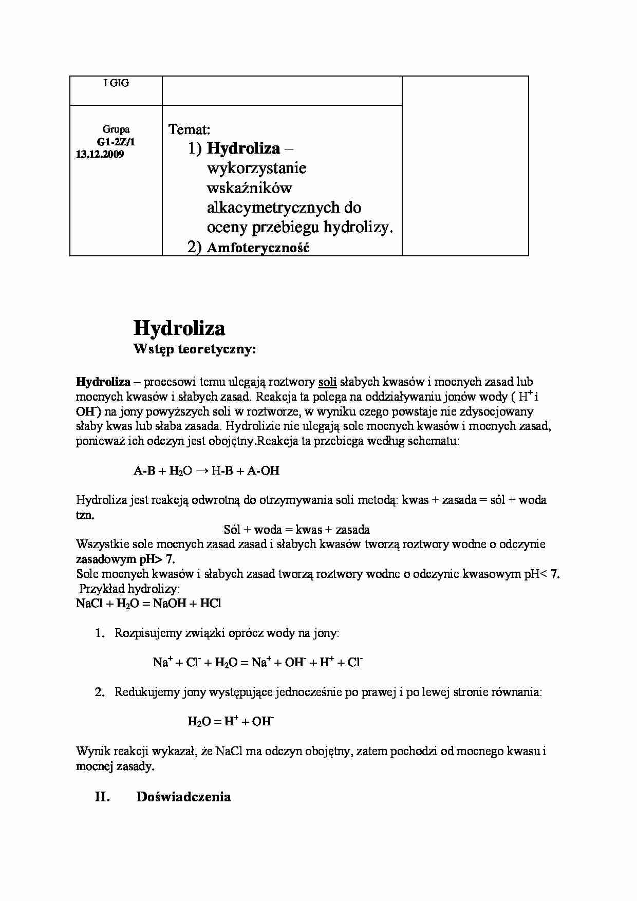 Sprawozdanie - reakcje hydrolizy - strona 1